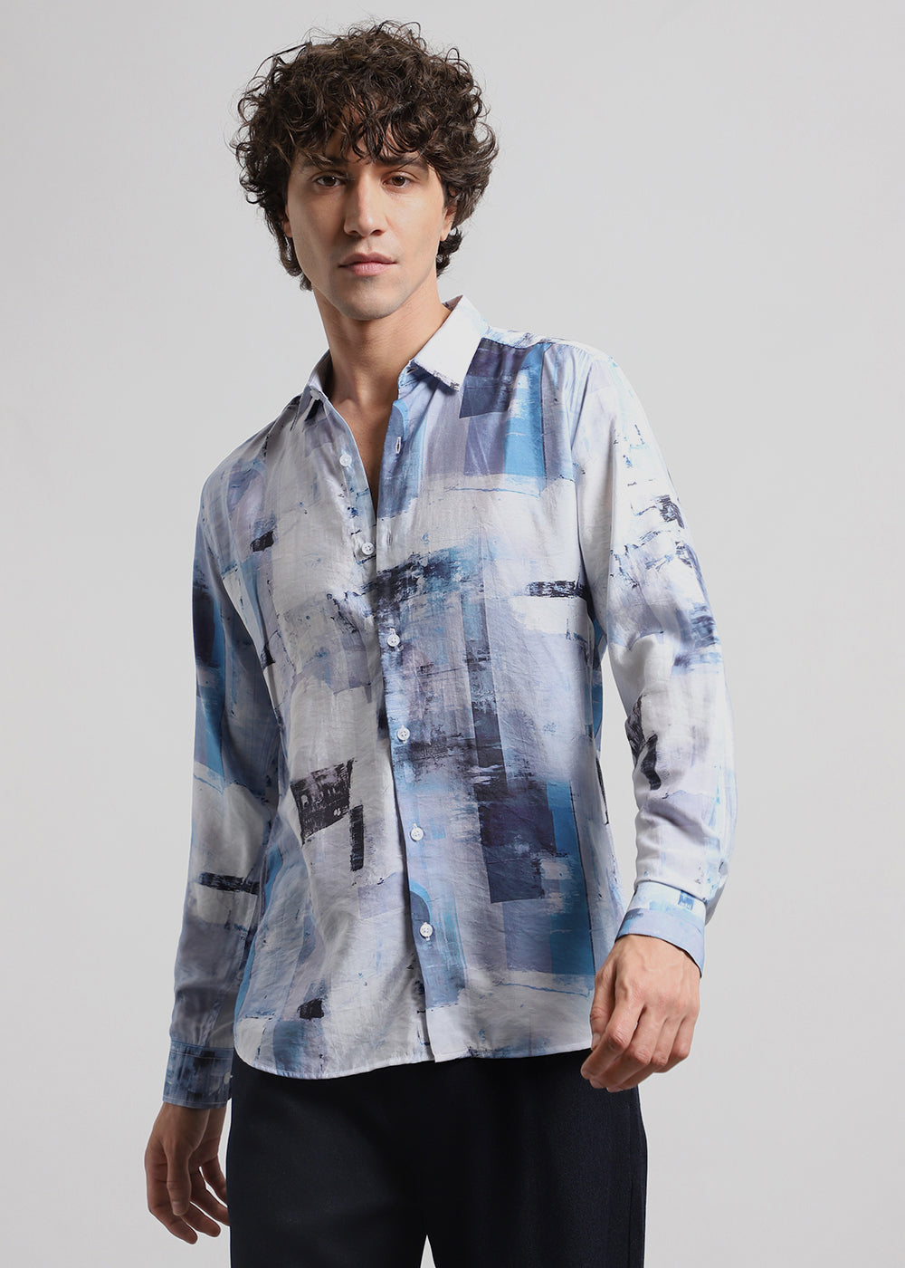 Blue Abstract Brush Print Shirt