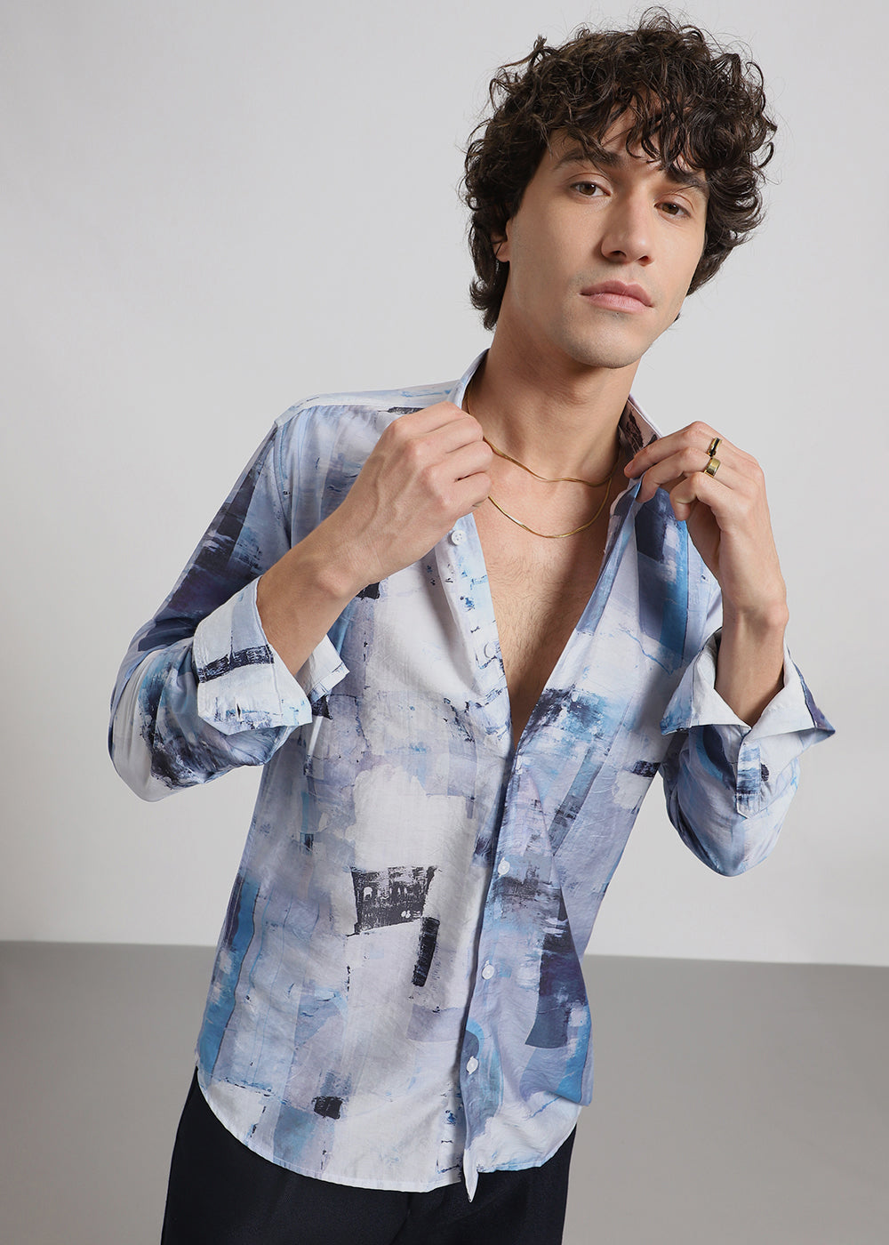 Blue Abstract Brush Print Shirt