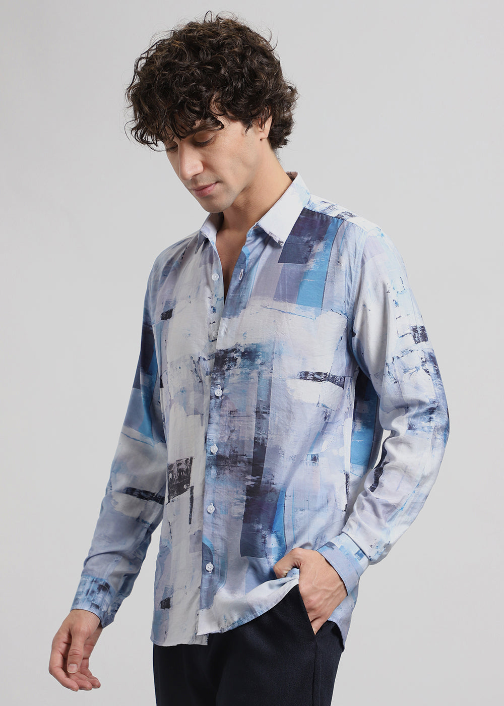 Blue Abstract Brush Print Shirt