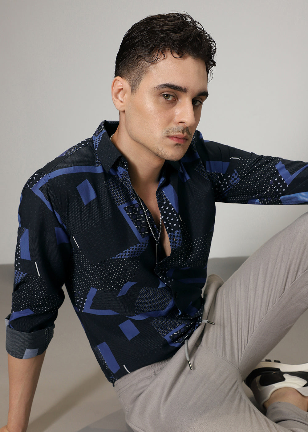 Blue Abstract Geometric Print Shirt