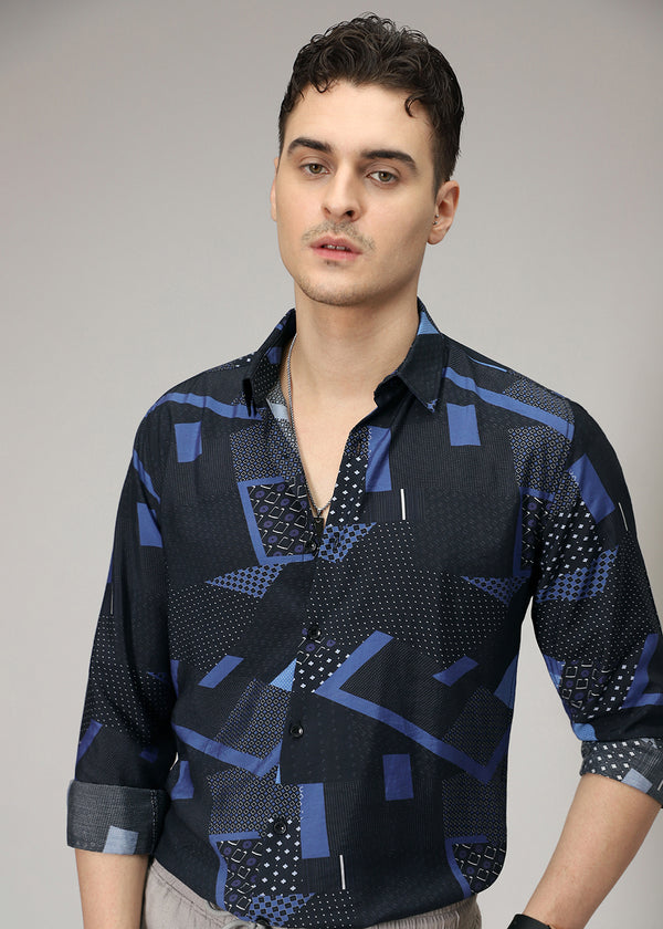Classic Blue Geometric Printed Shirt Dress main image 1