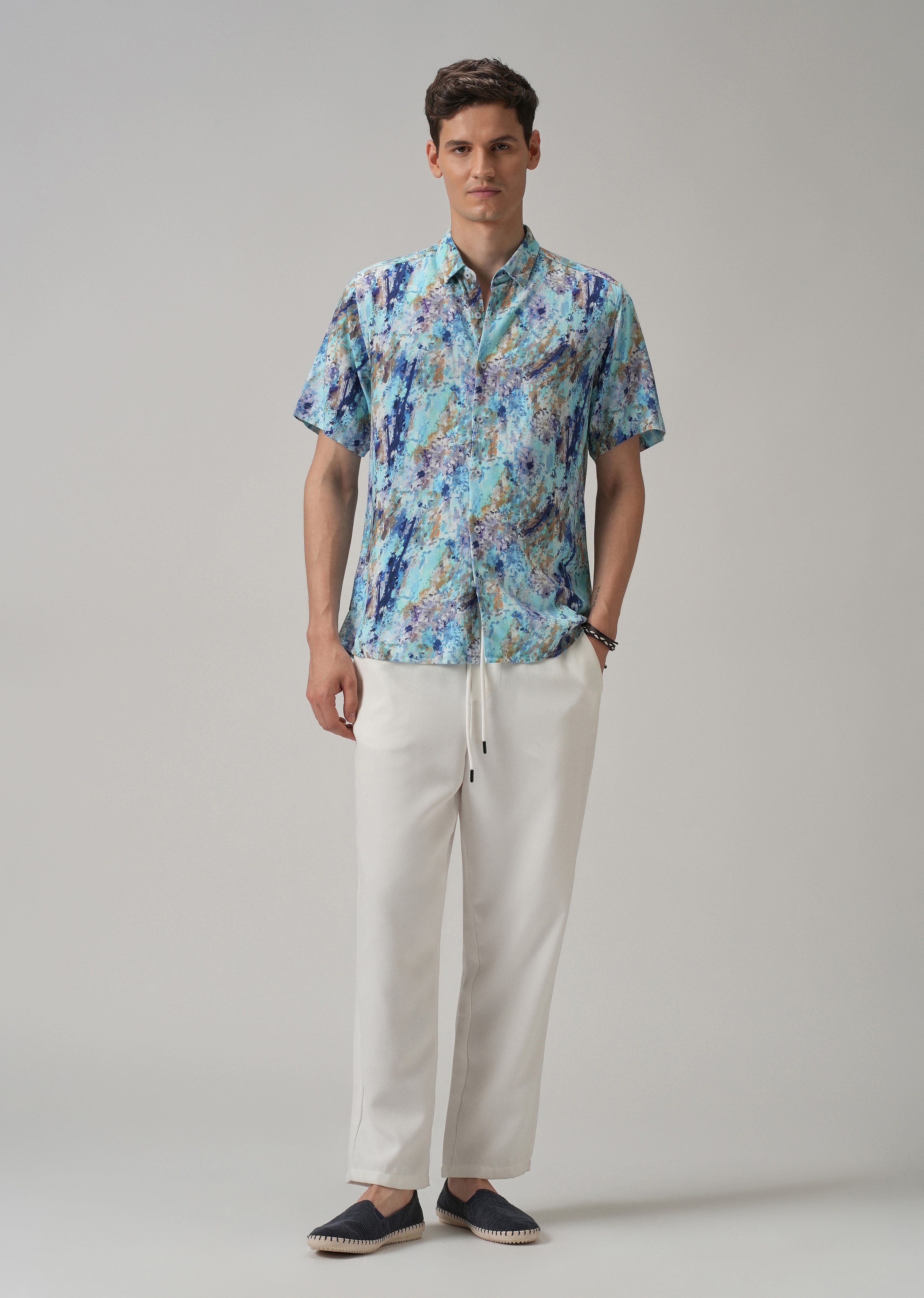 Blue Abstract Patch Half Sleeve shirt