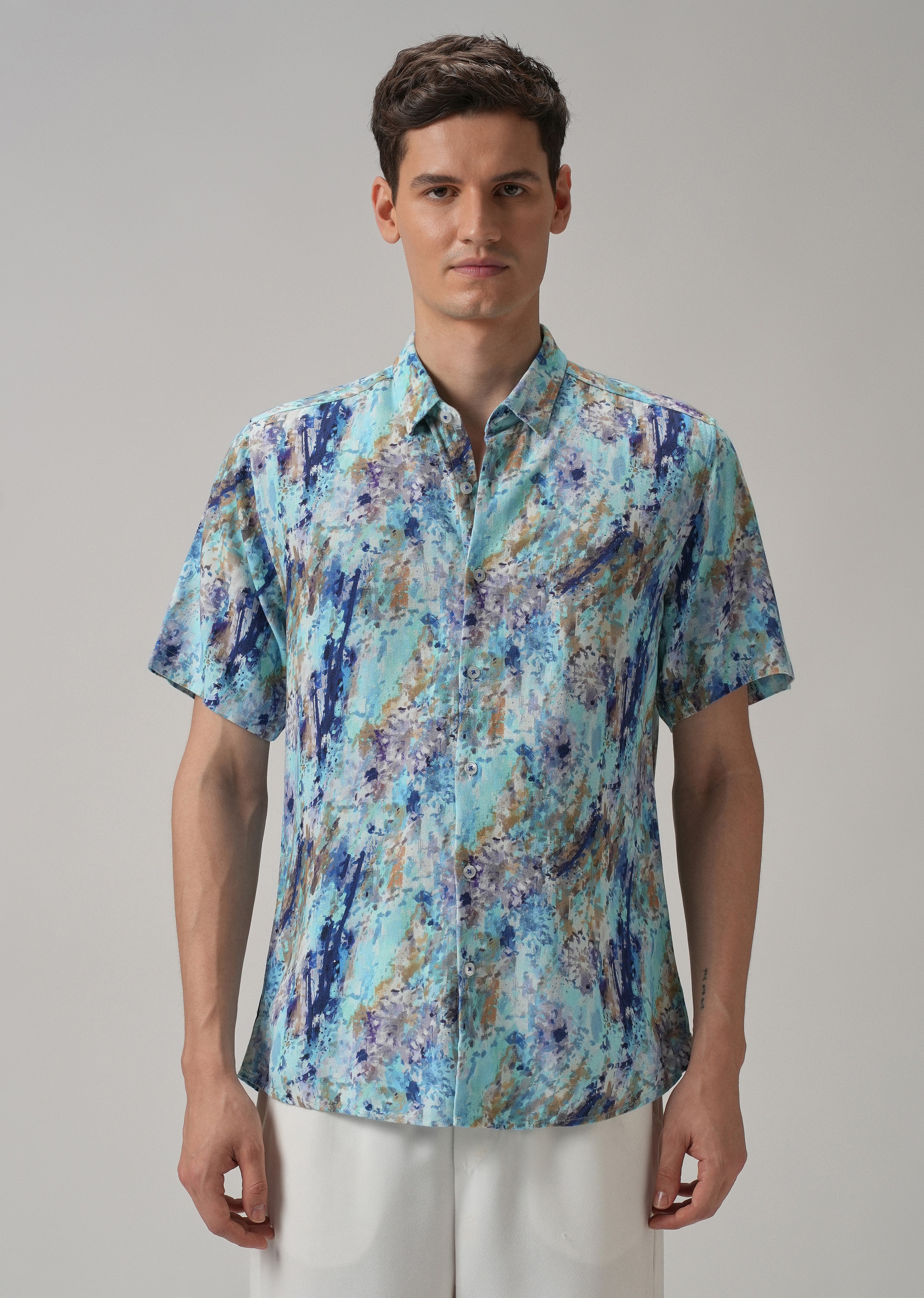 Blue Abstract Patch Half Sleeve shirt