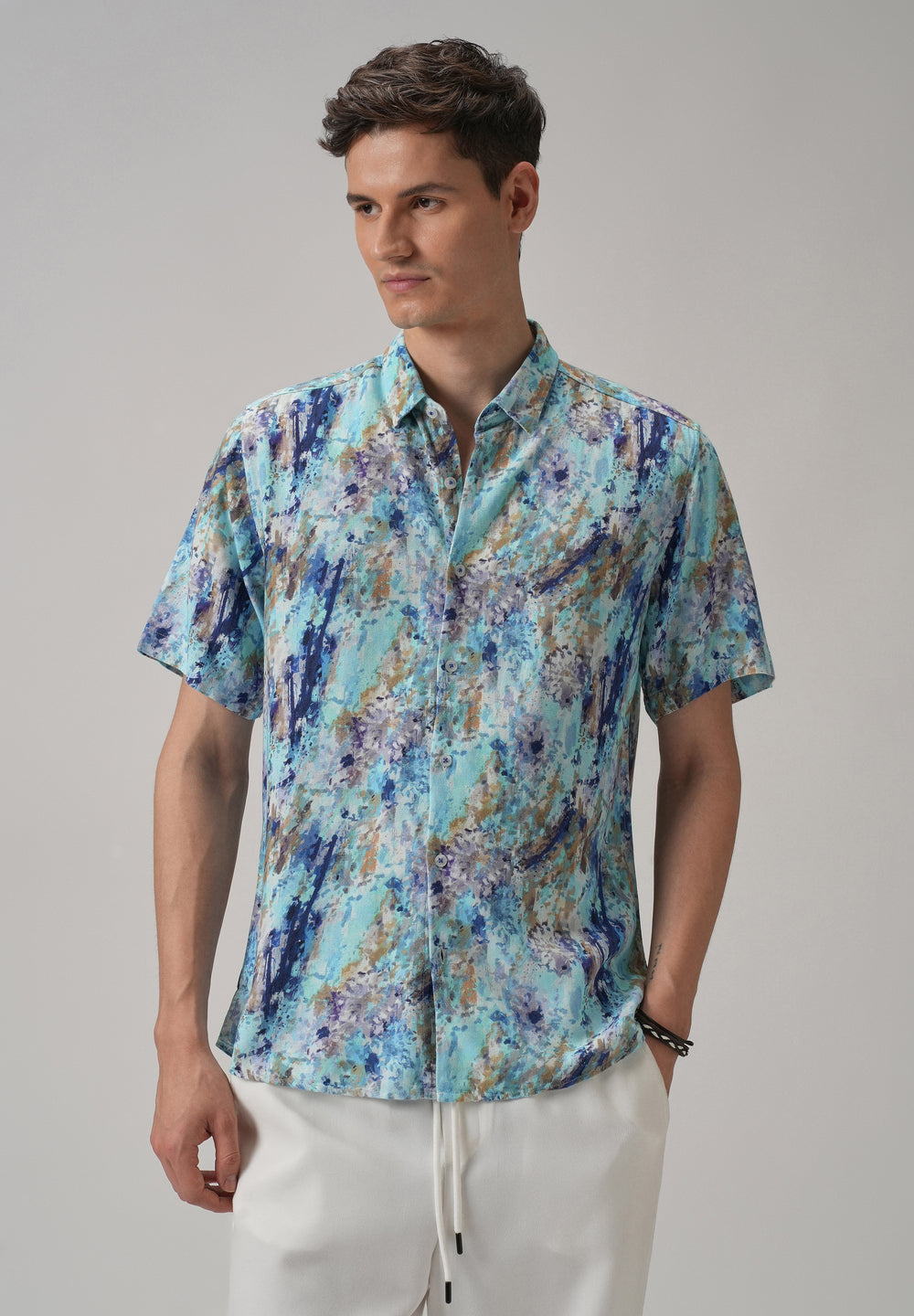 Blue Abstract Patch Half Sleeve shirt
