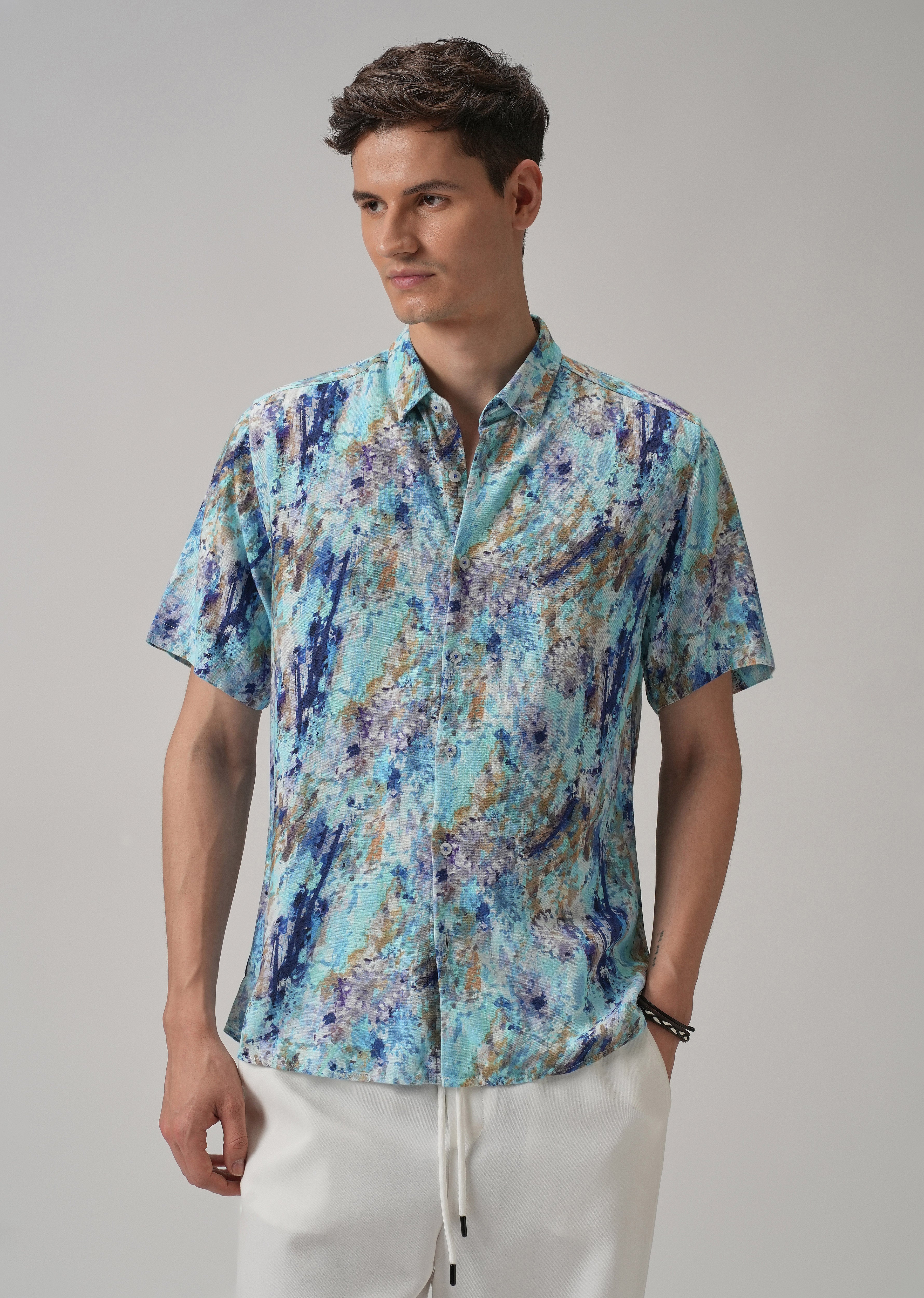 Blue Abstract Patch Half Sleeve shirt