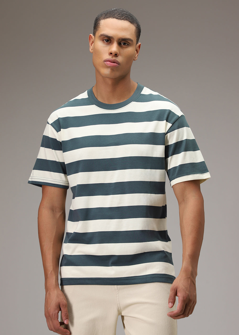 Green And Cream Striped T-shirt