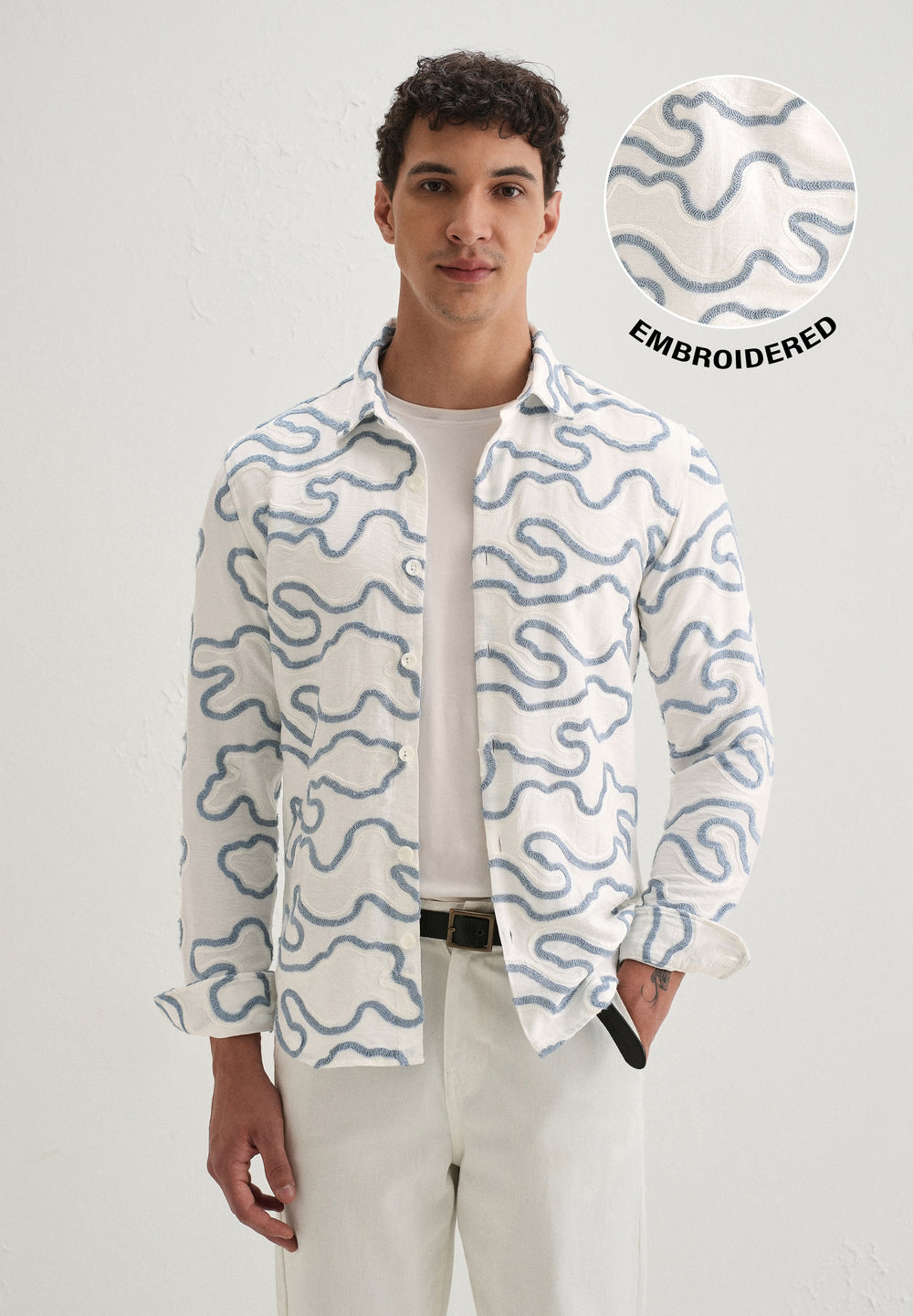 Blue Artistic Abstract Embroidery Shirt
