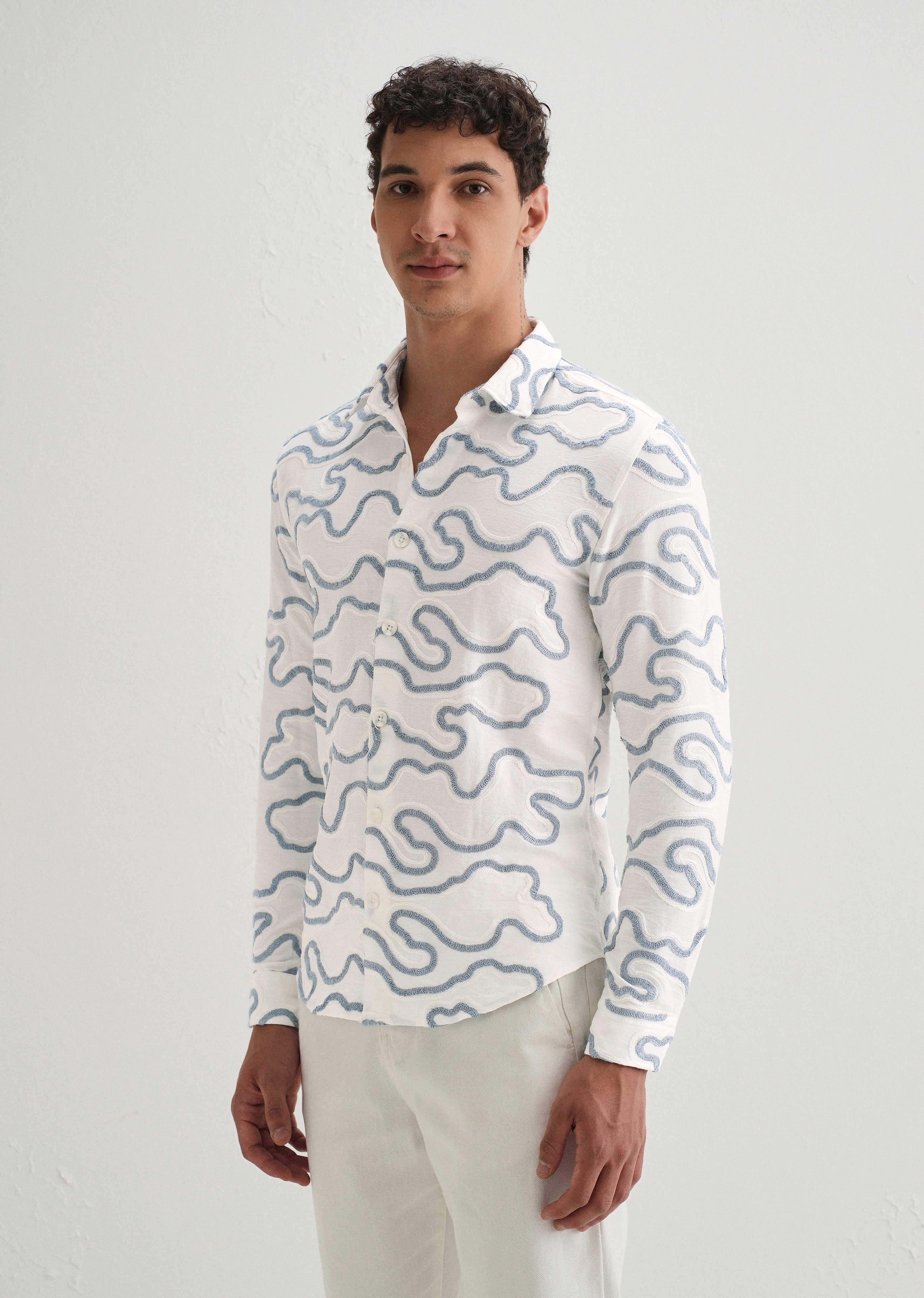 Blue Artistic Abstract Embroidery Shirt