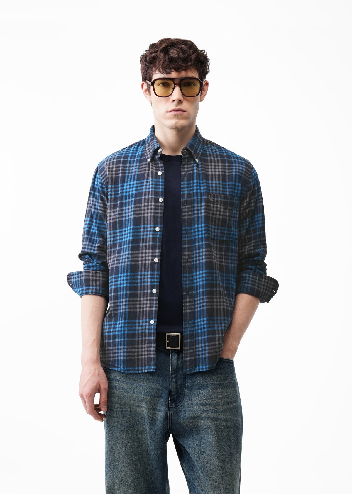 Blue Cotton Plaid Check Shirt