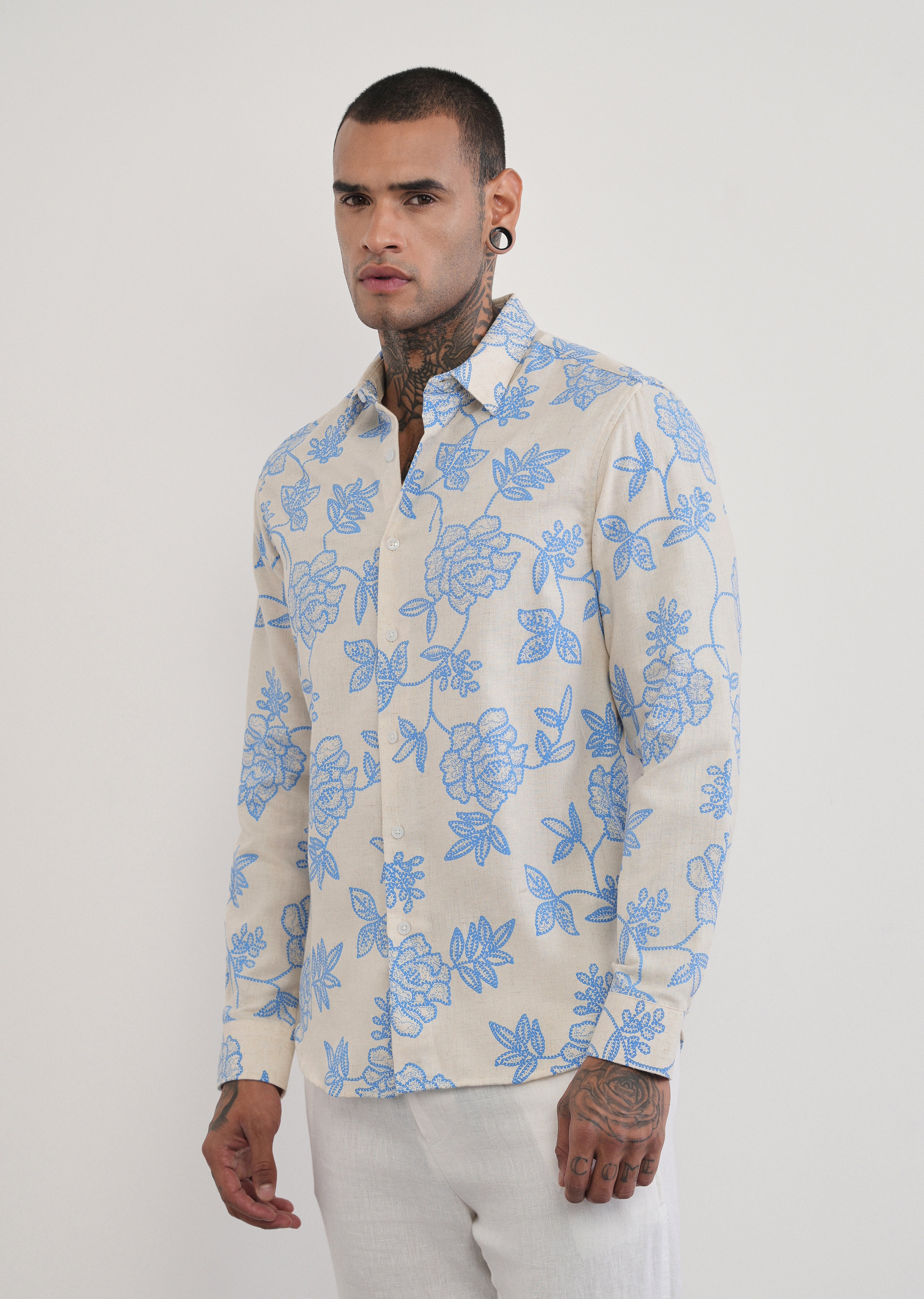 Blue Blended Linen Floral Print Shirt