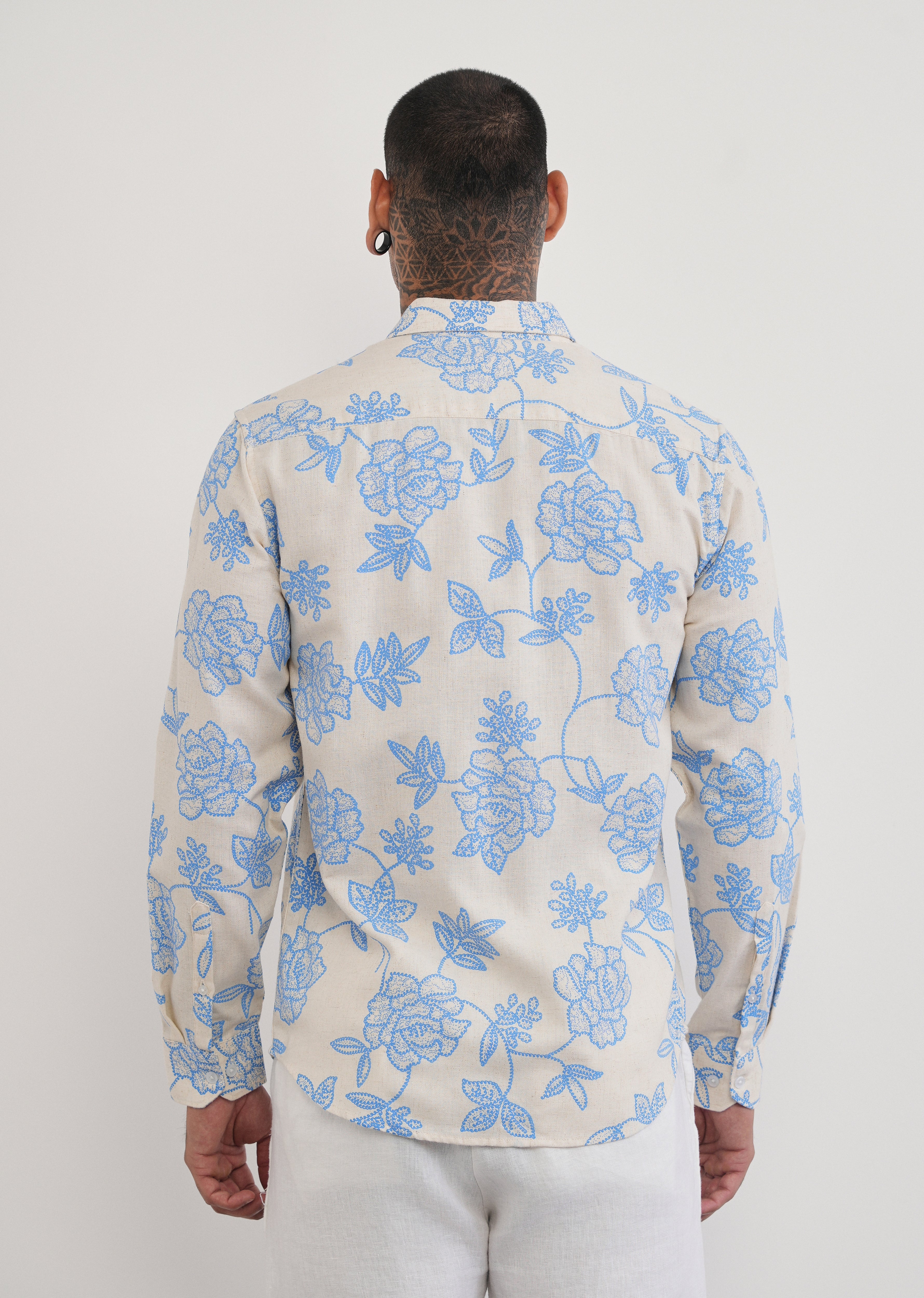 Blue Blended Linen Floral Print Shirt