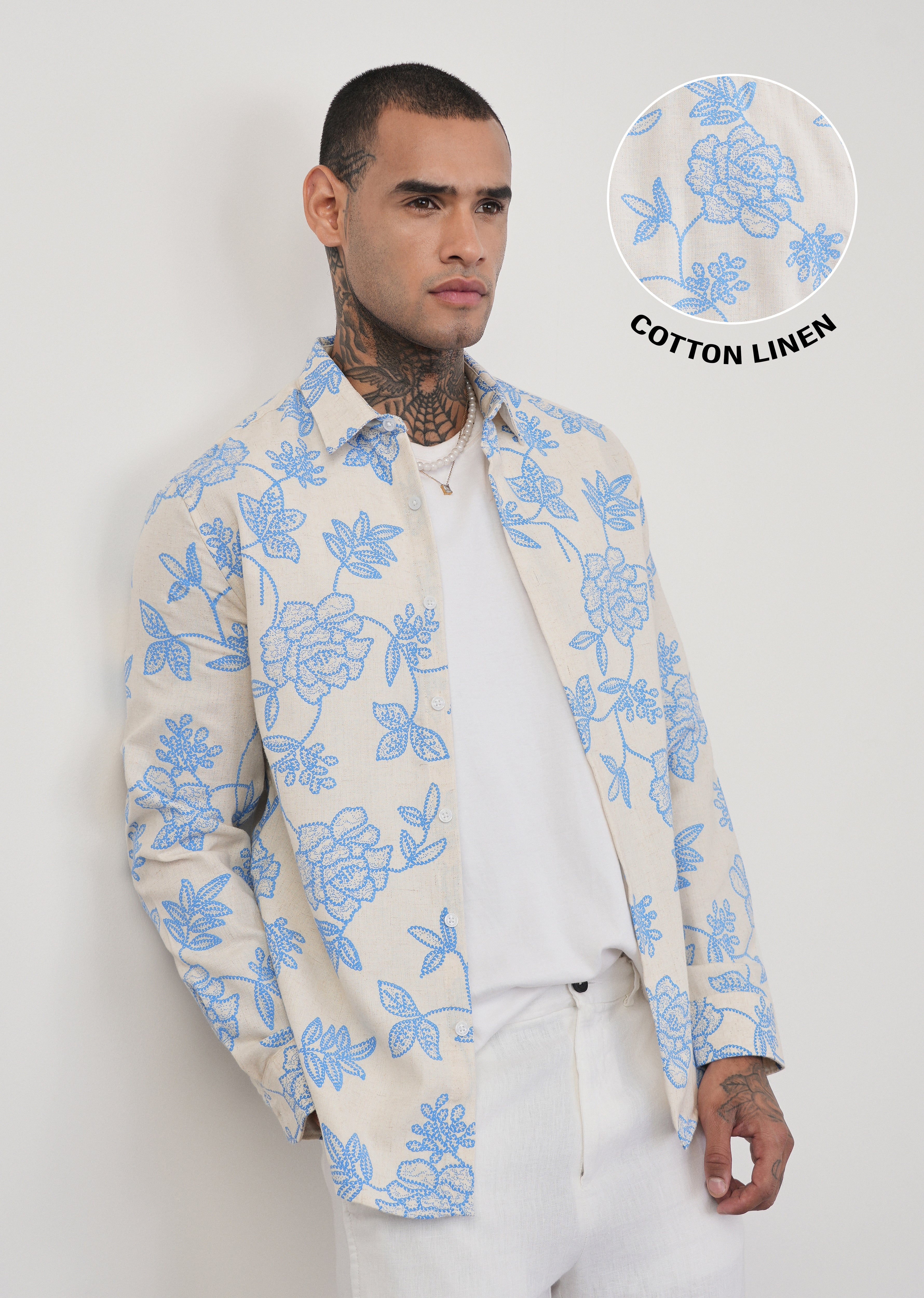 Blue Blended Linen Floral Print Shirt