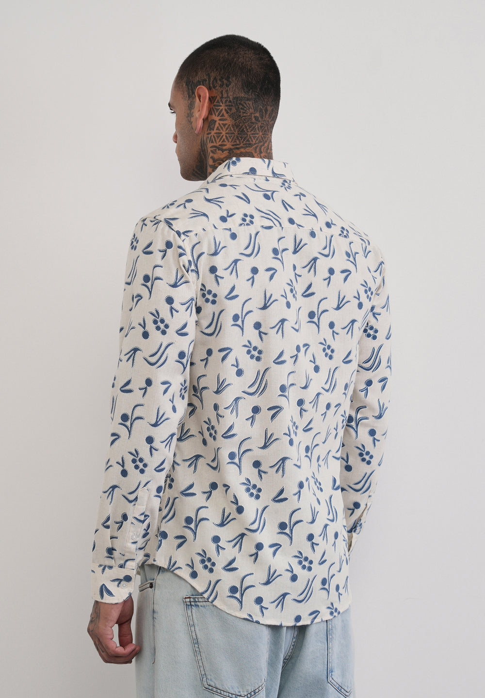 Blue Blended Linen Printed Shirt