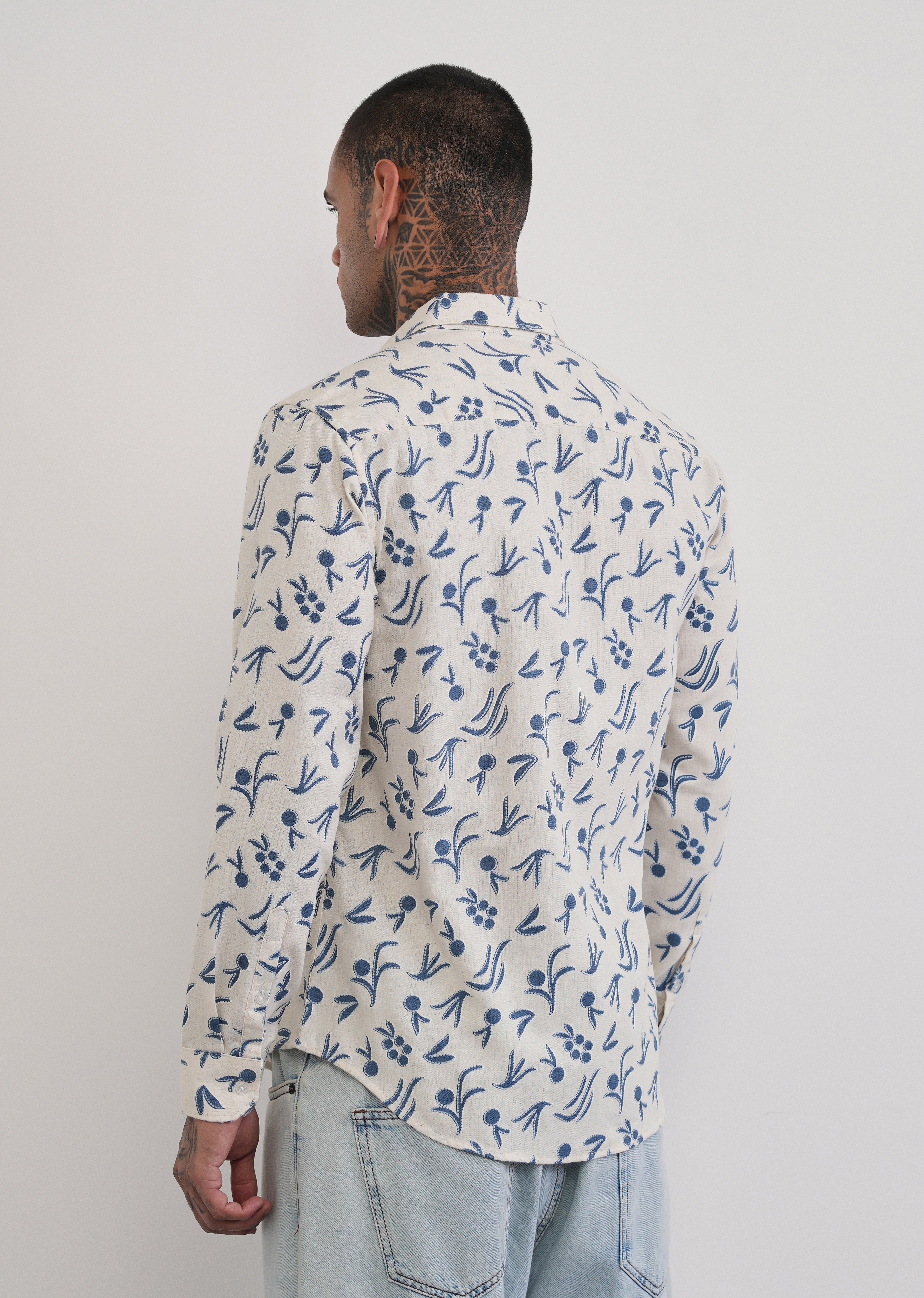 Blue Blended Linen Printed Shirt