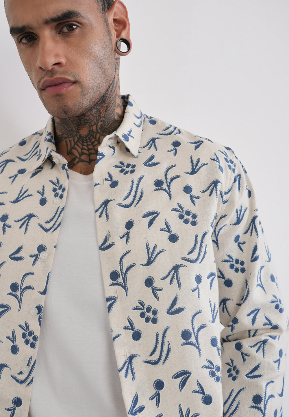 Blue Blended Linen Printed Shirt