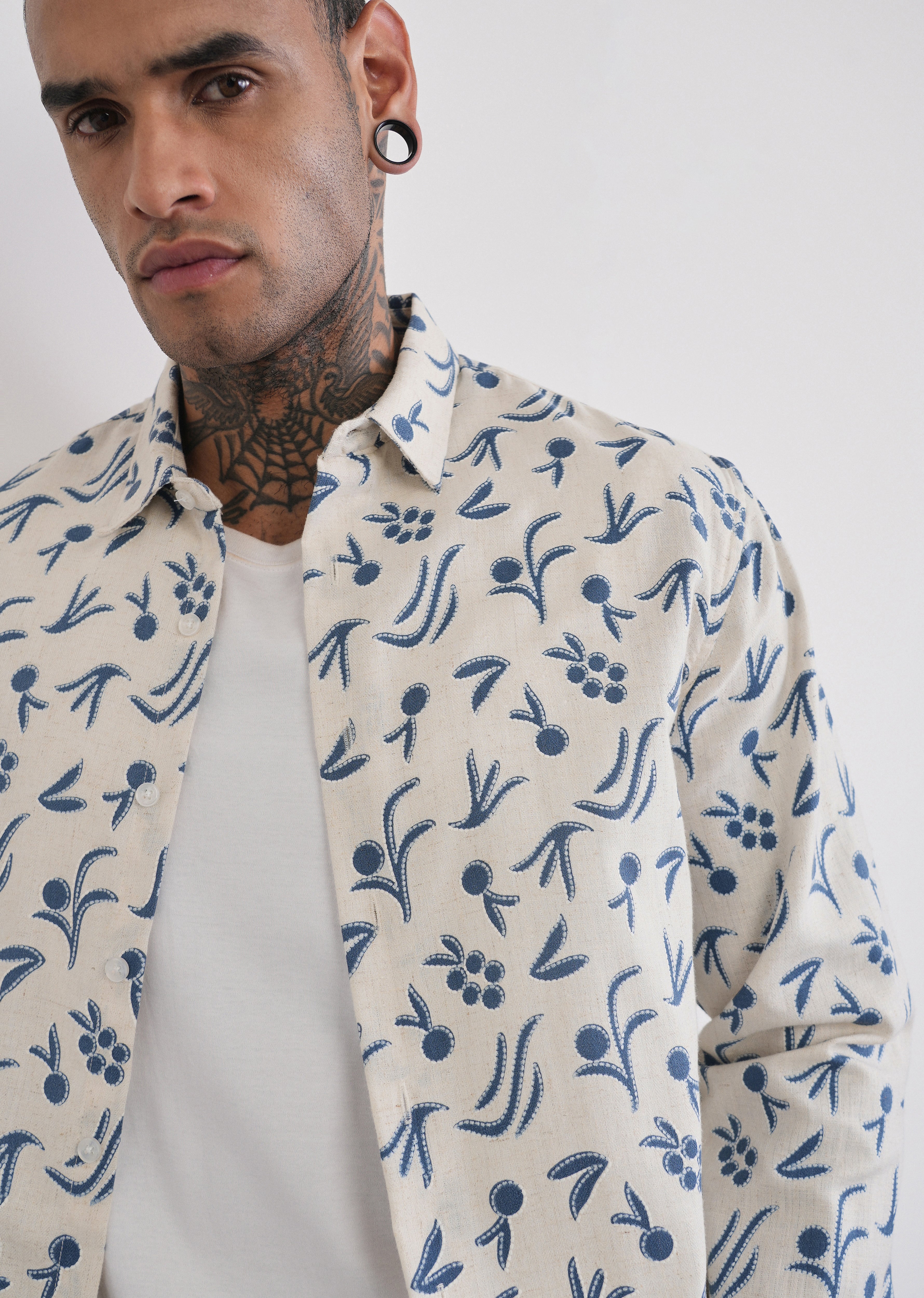 Blue Blended Linen Printed Shirt