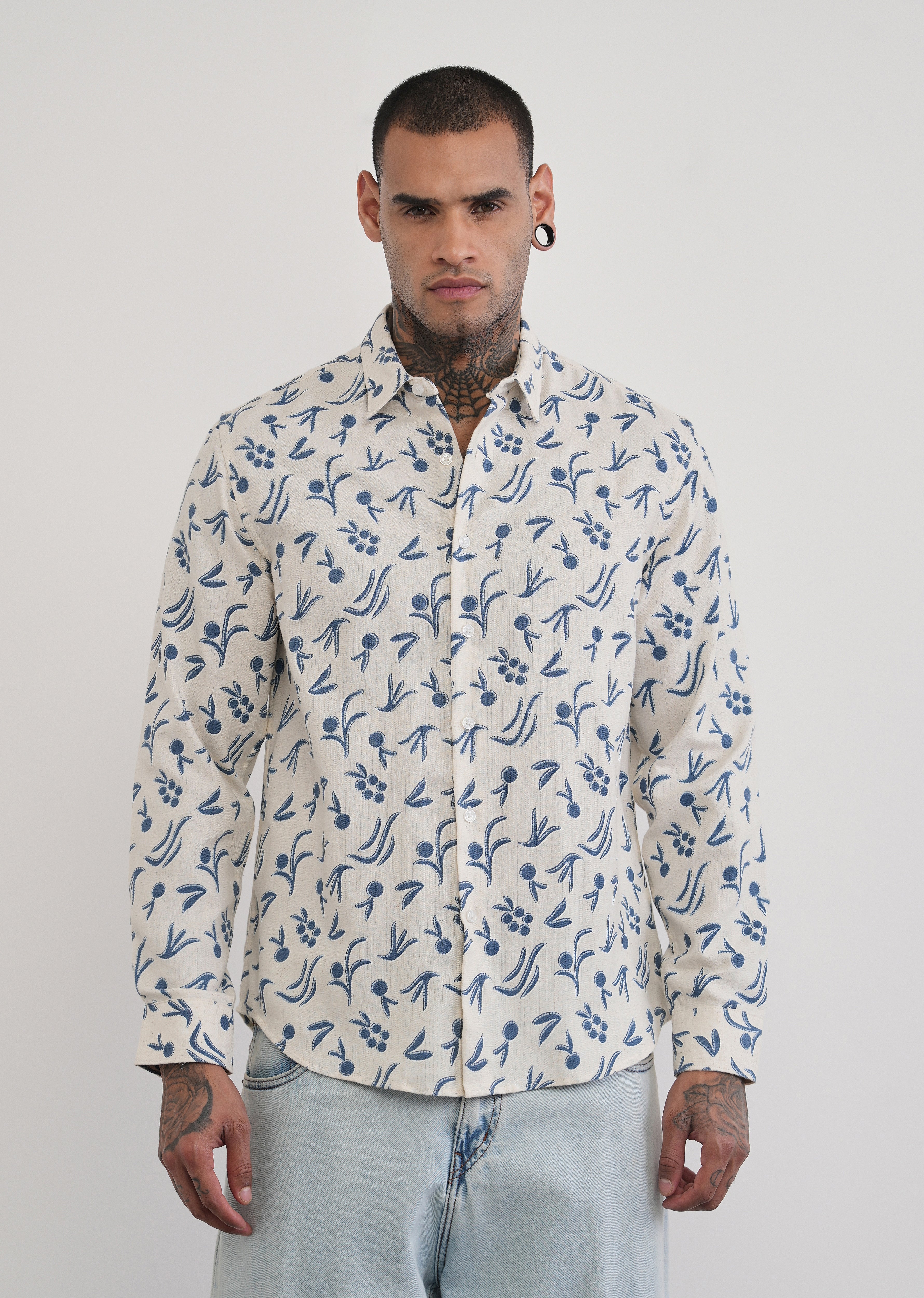 Blue Blended Linen Printed Shirt