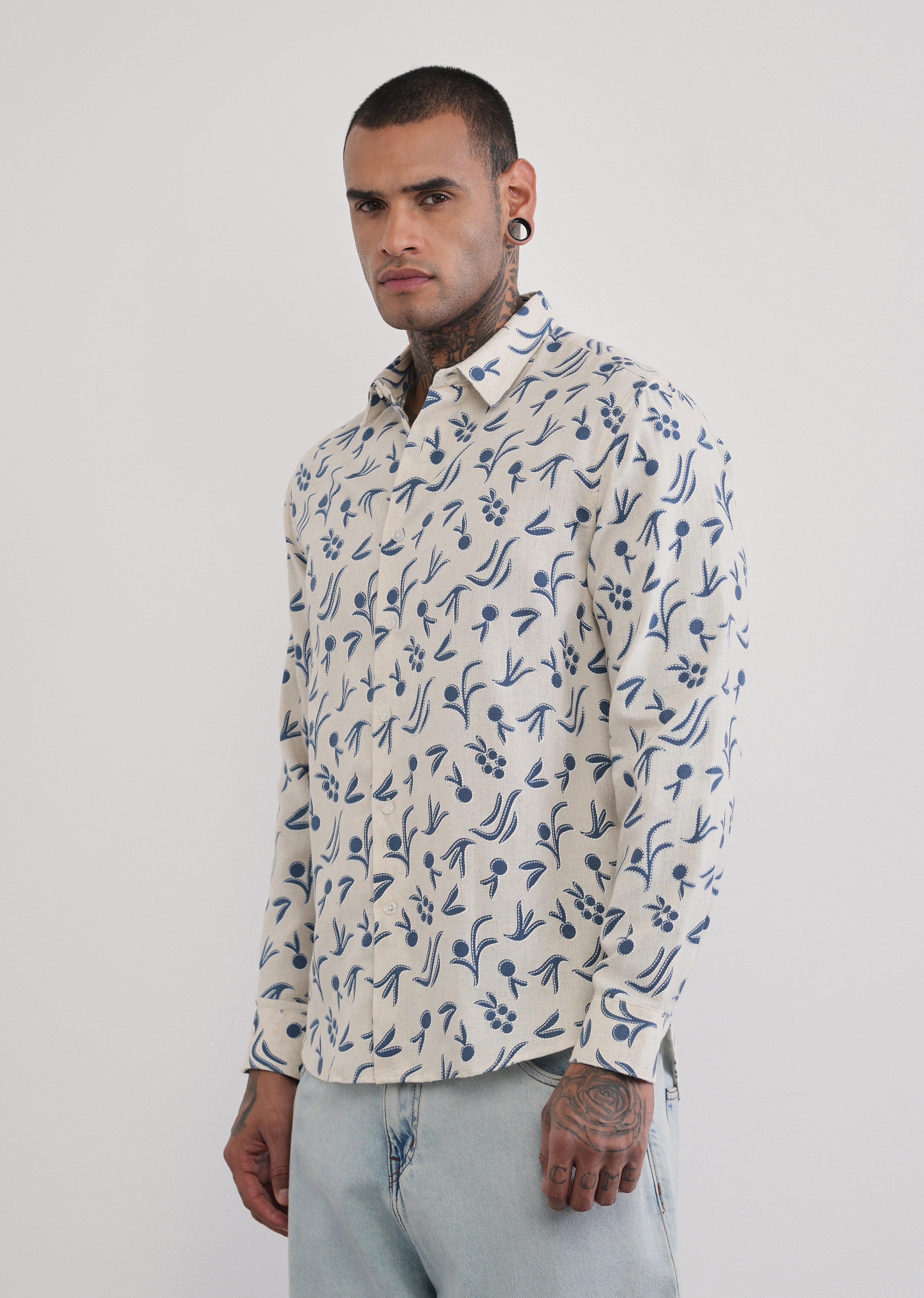 Blue Blended Linen Printed Shirt