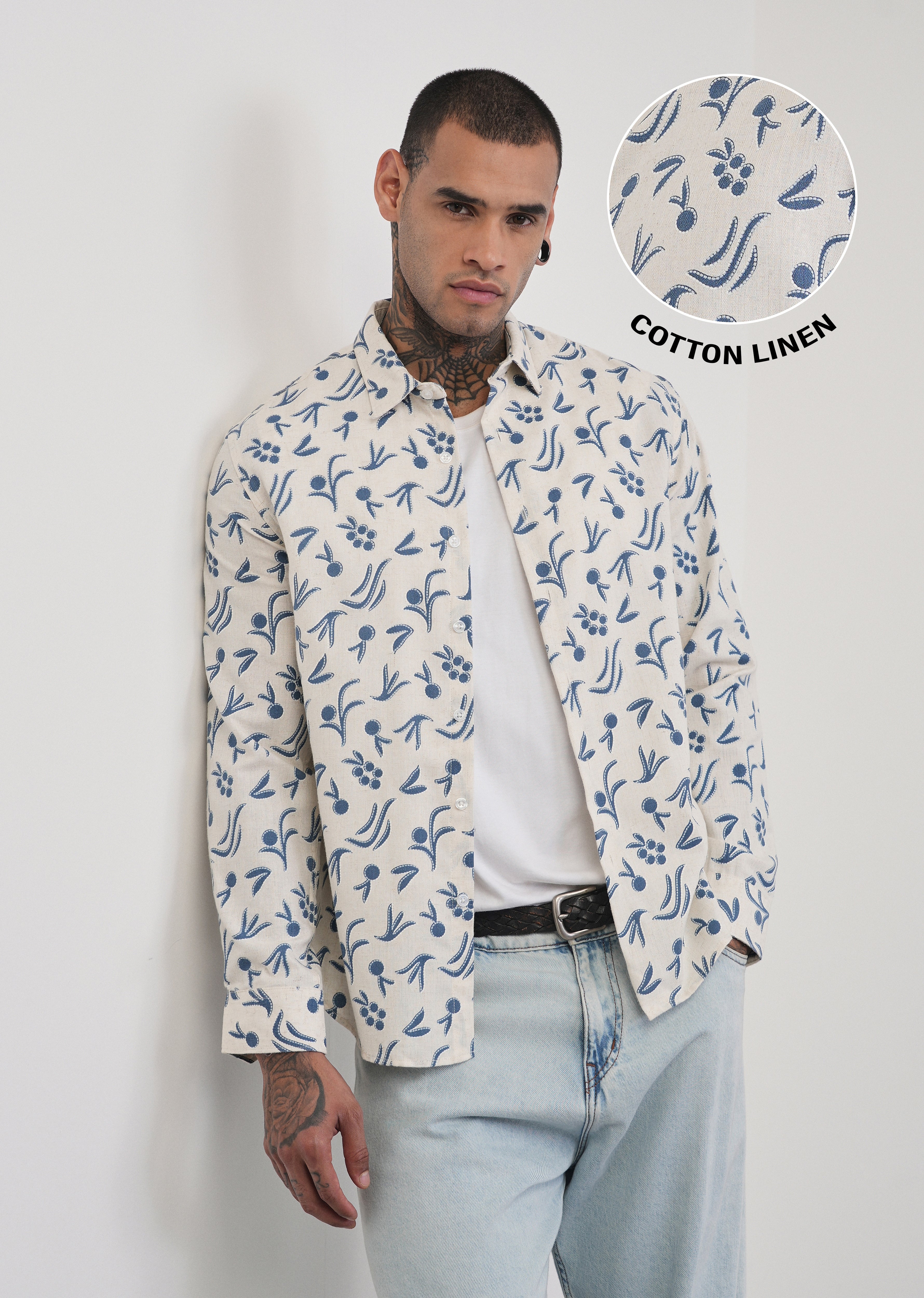 Blue Blended Linen Printed Shirt