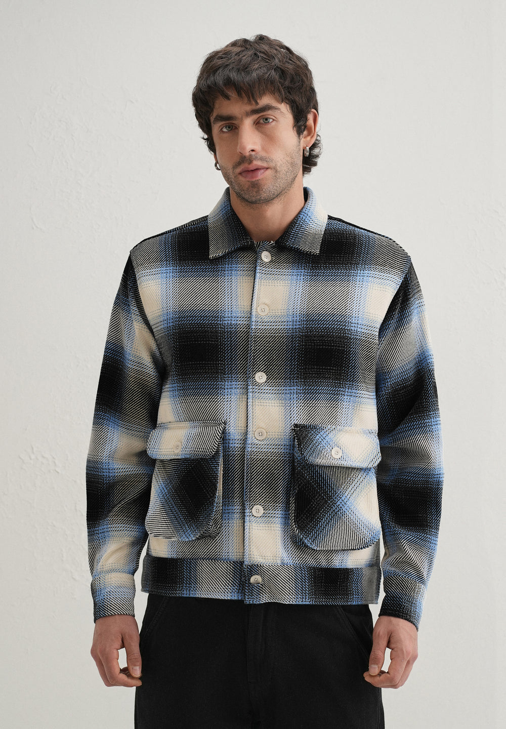 Blue Brushed Check Utility Shacket