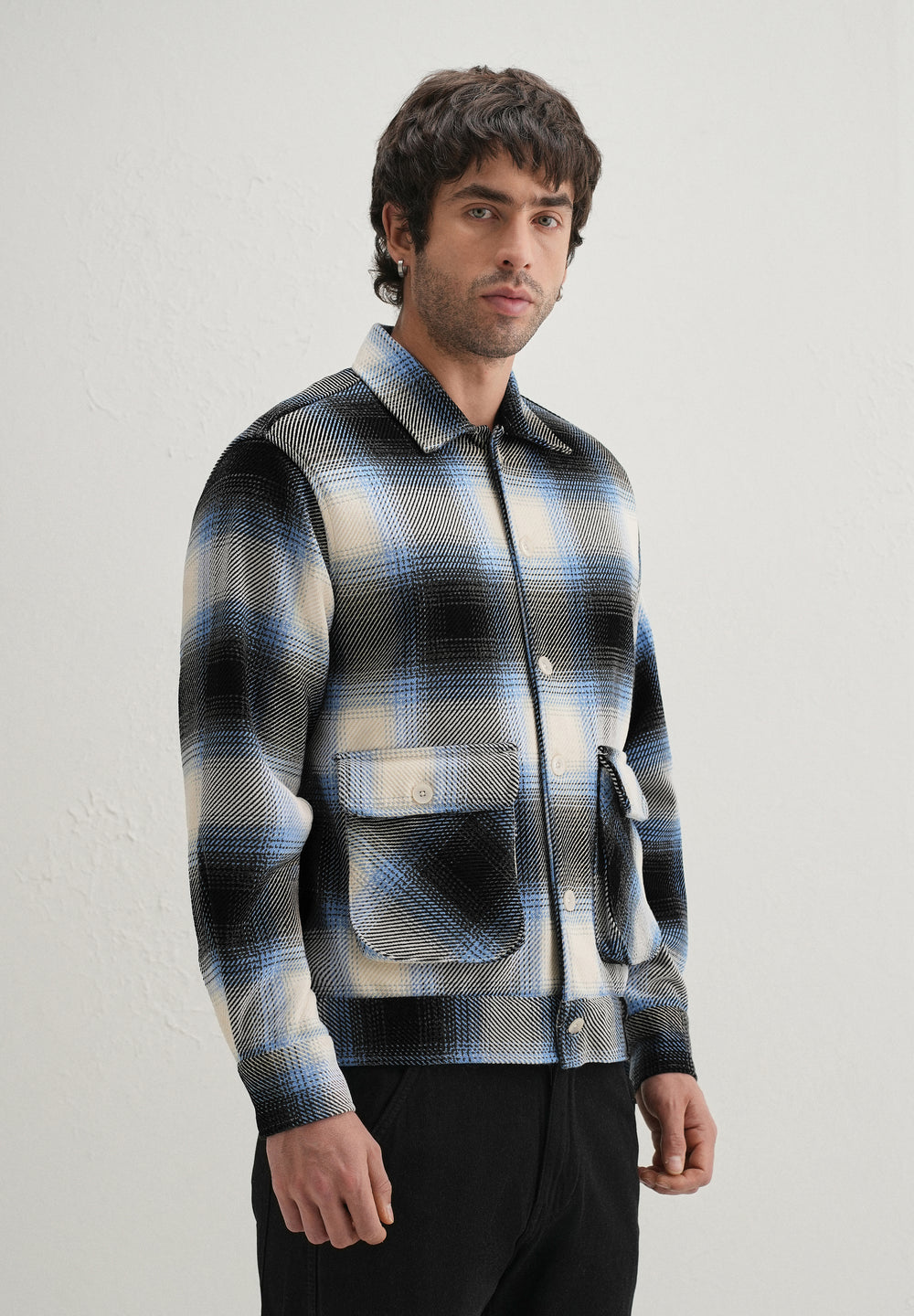 Blue Brushed Check Utility Shacket