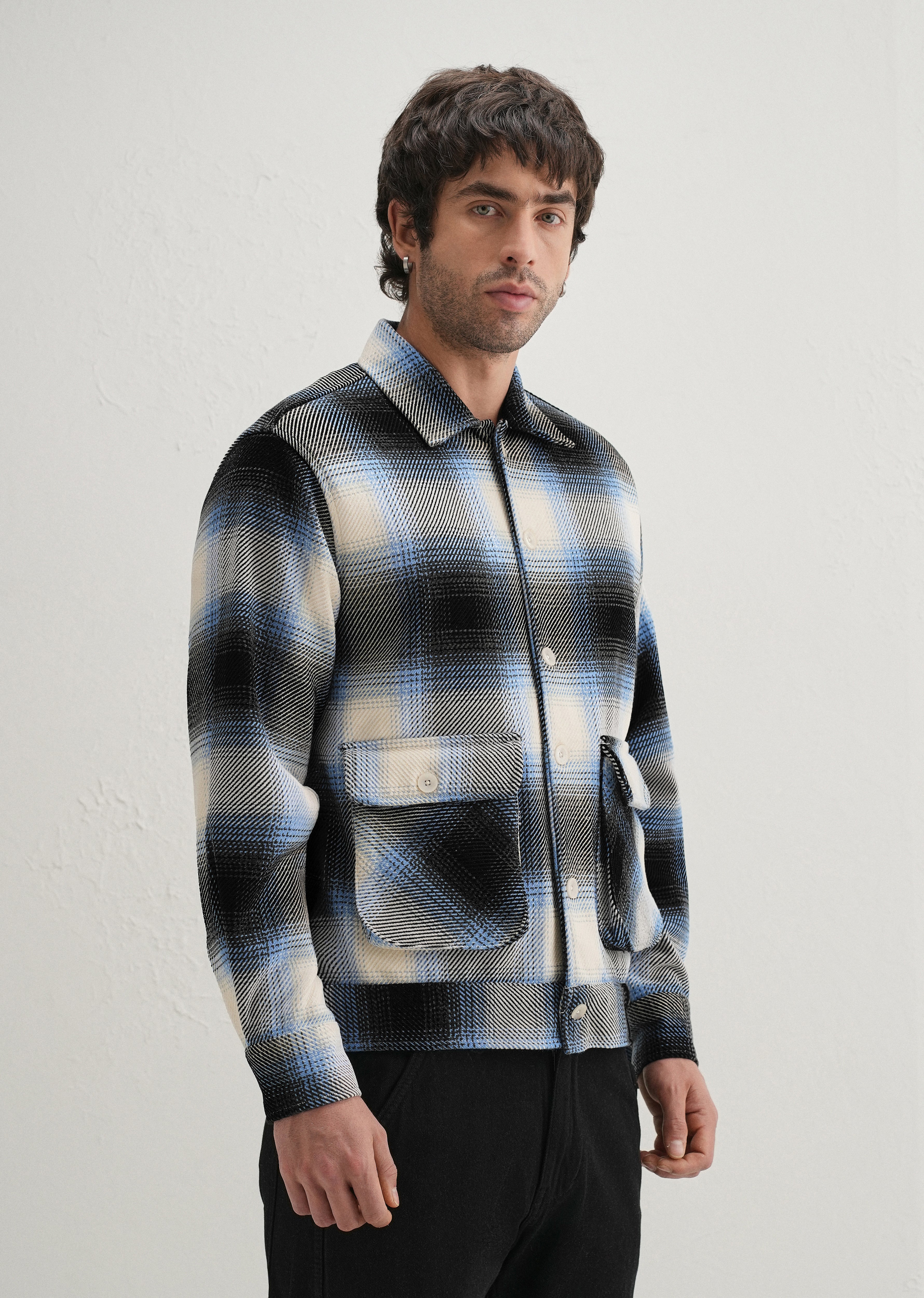 Blue Brushed Check Utility Shacket