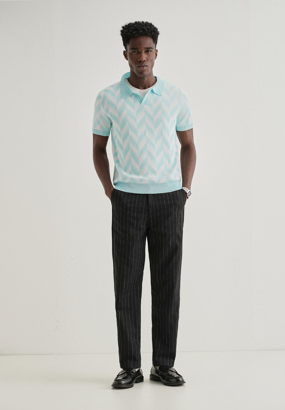 Blue Chevron Knitted Polo T-shirt