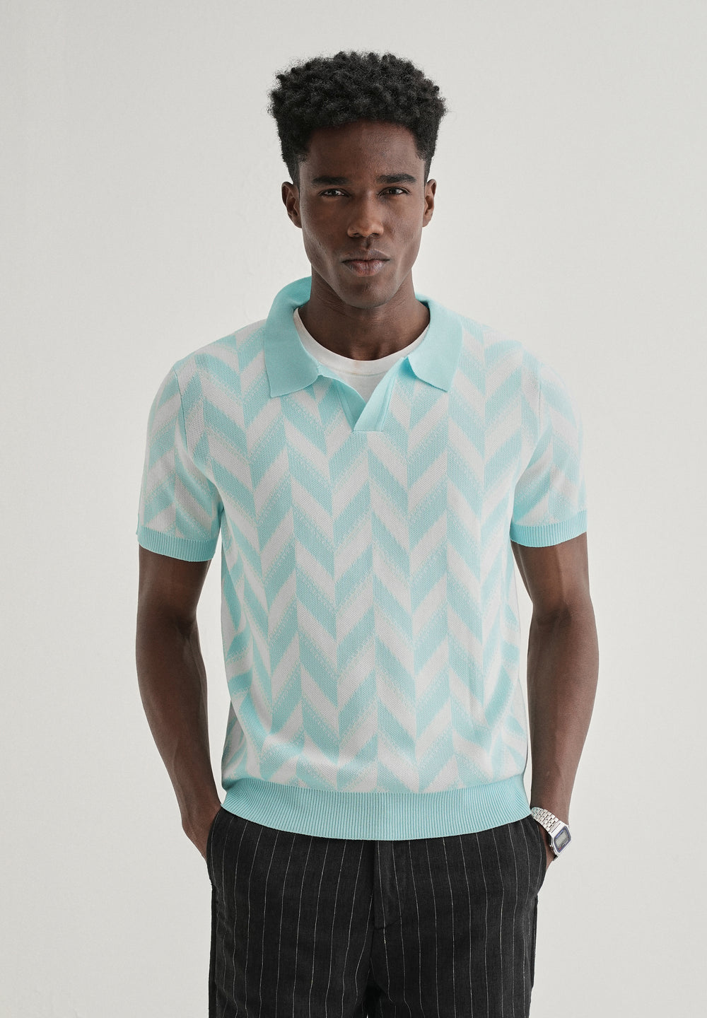 Blue Chevron Knitted Polo T-shirt