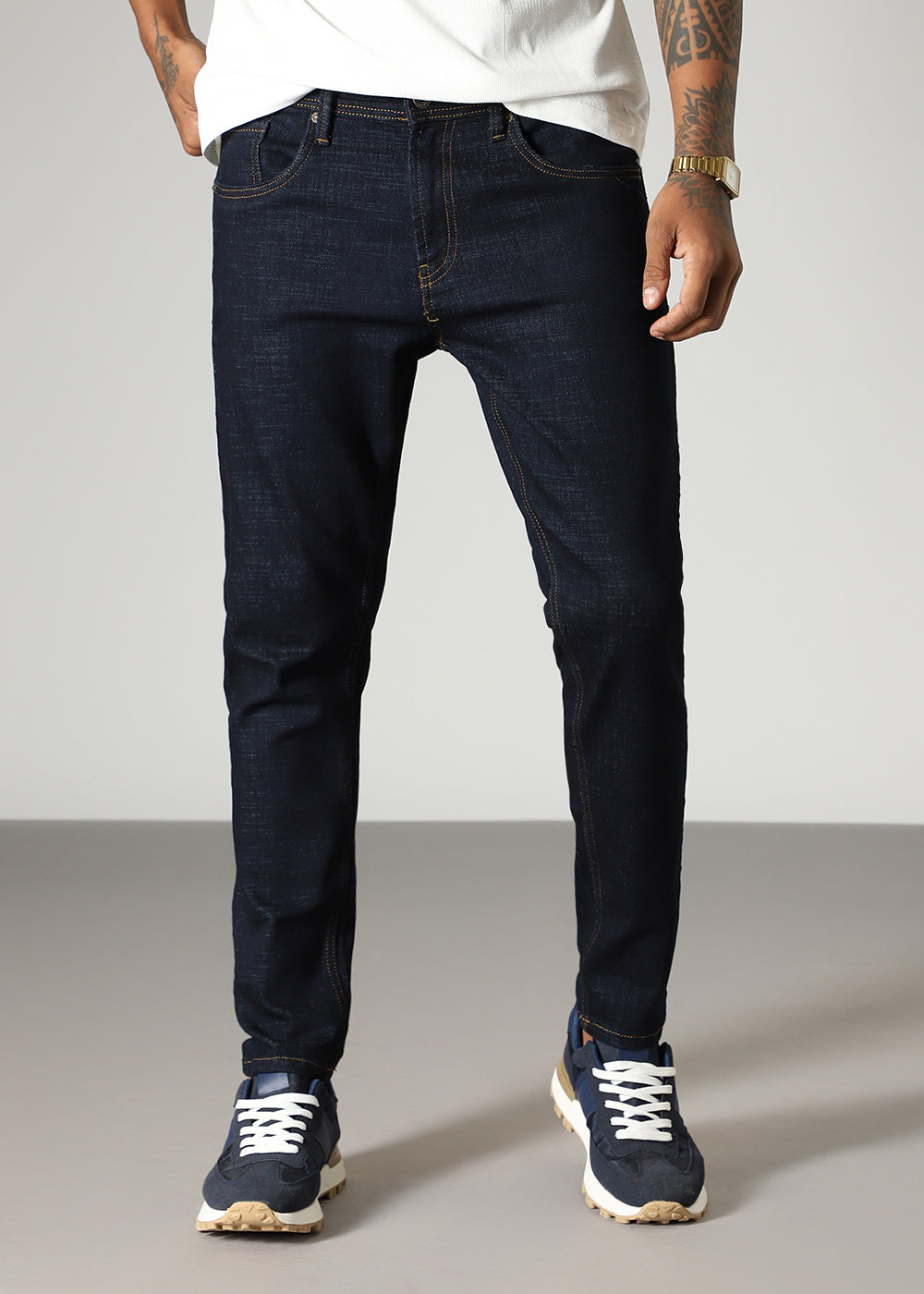 Blue Contrast Thread Slim Fit Denim