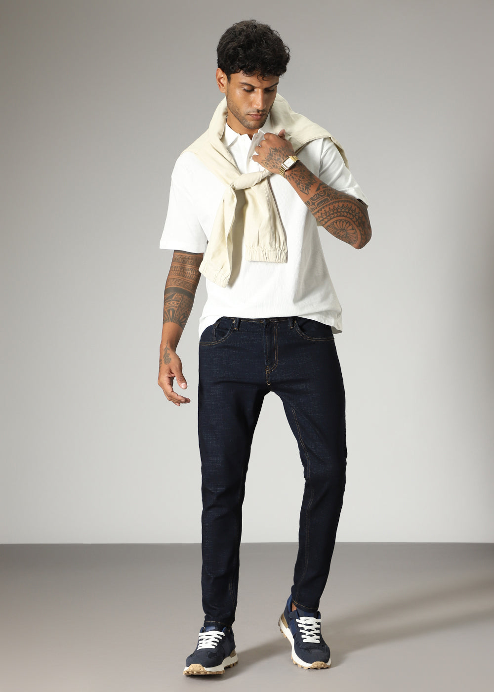 Blue Contrast Thread Slim Fit Denim