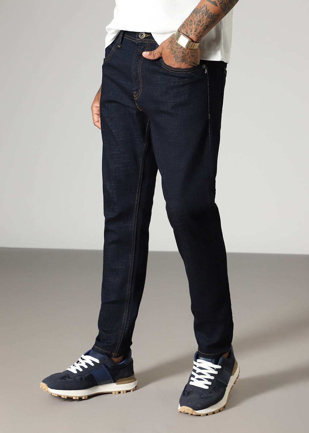 Blue Contrast Thread Slim Fit Denim