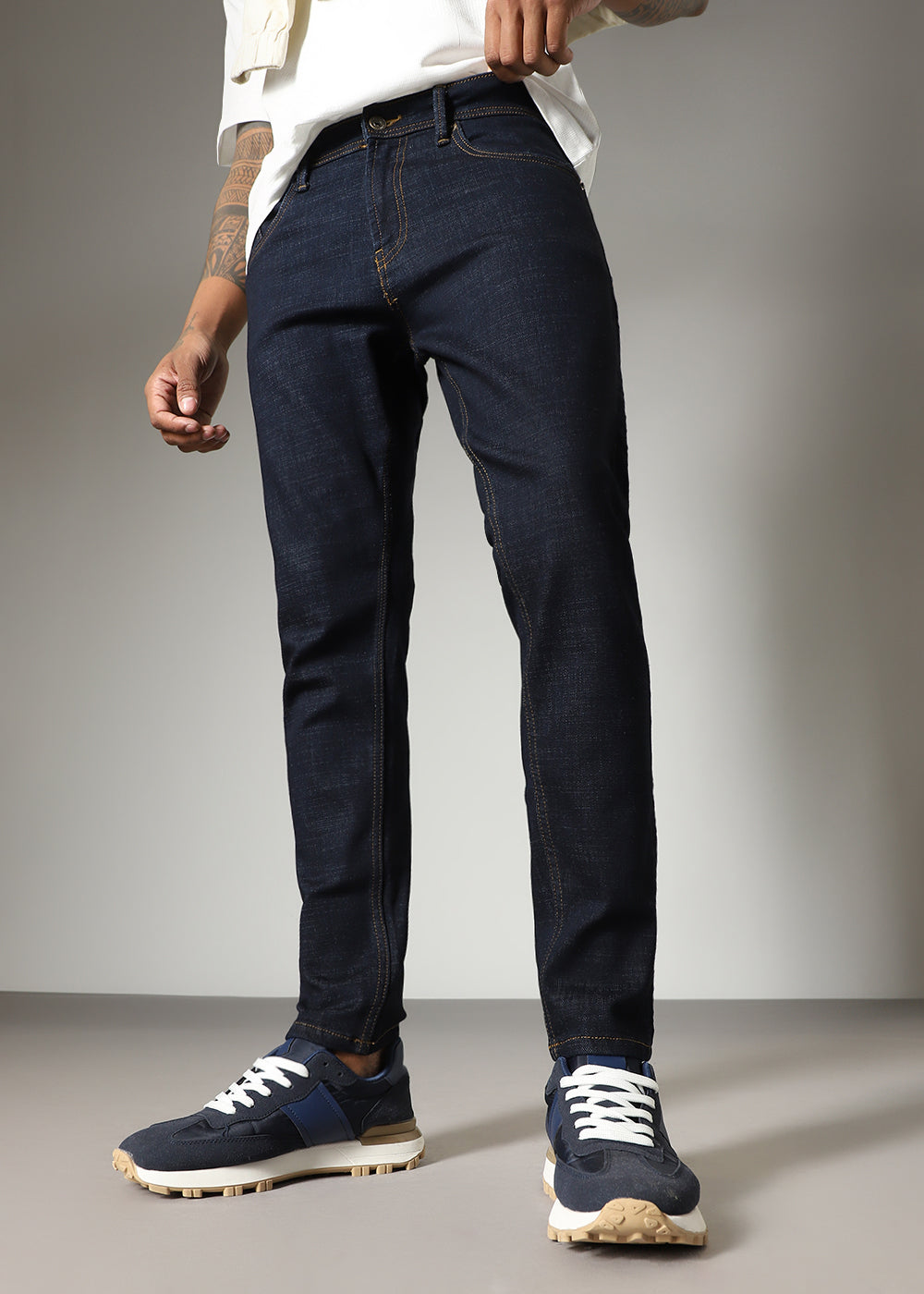 Blue Contrast Thread Slim Fit Denim