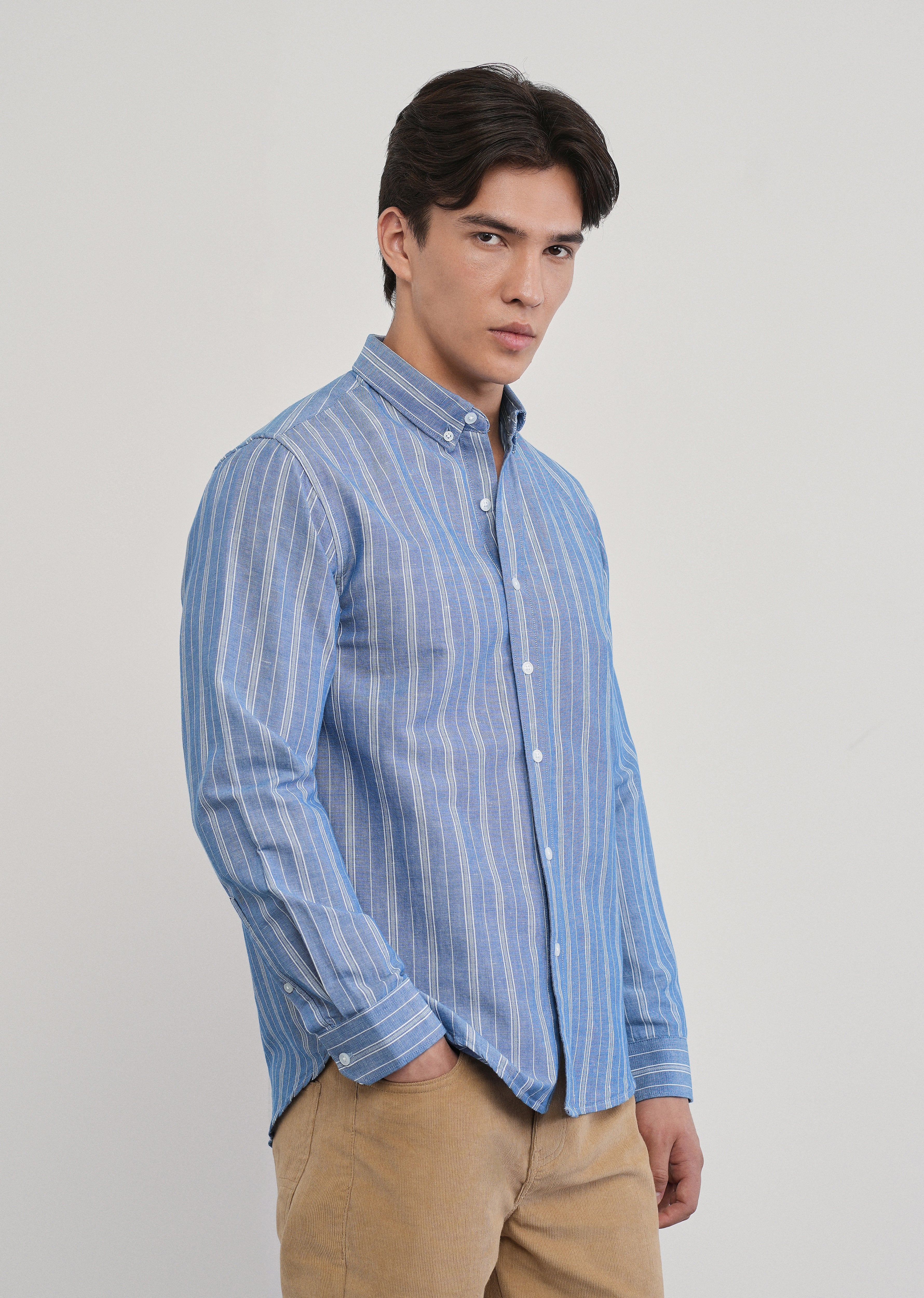 Blue Cotton Linen Stripe Shirt