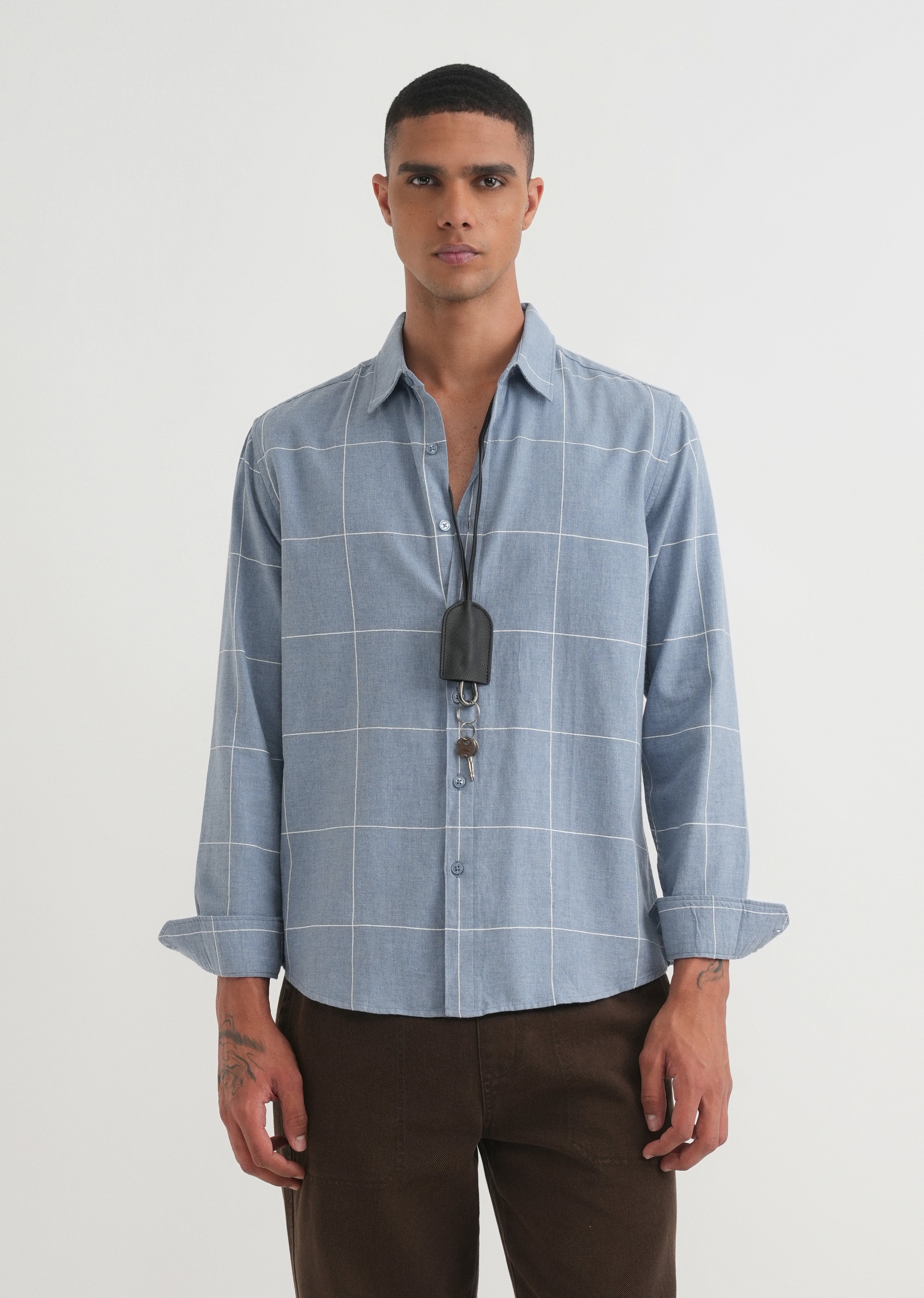Blue Cotton Windowpane Check Shirt