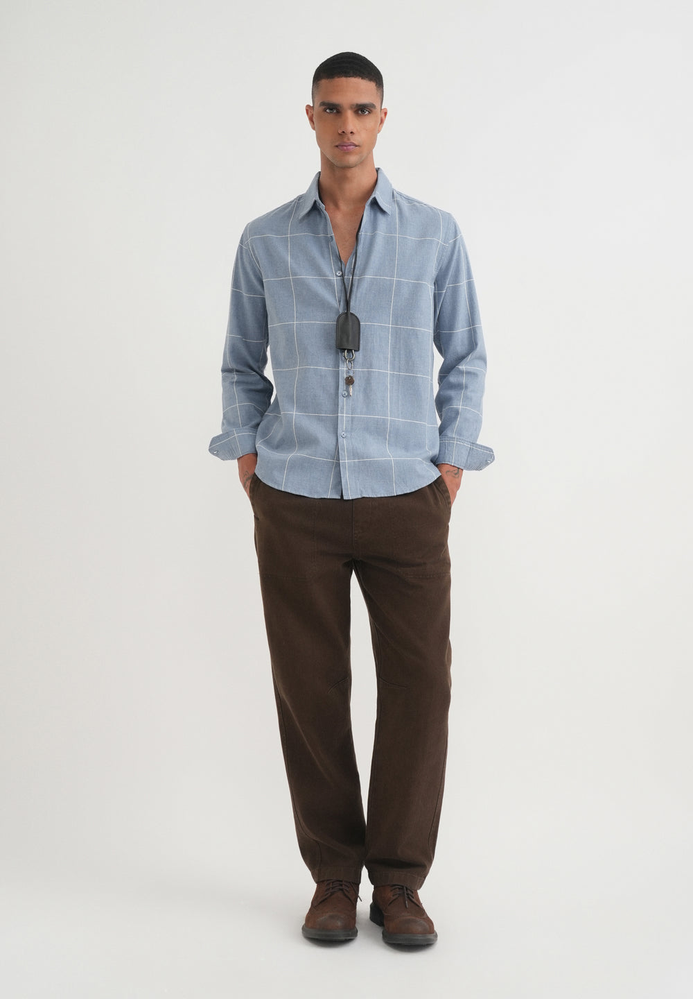Blue Cotton Windowpane Check Shirt