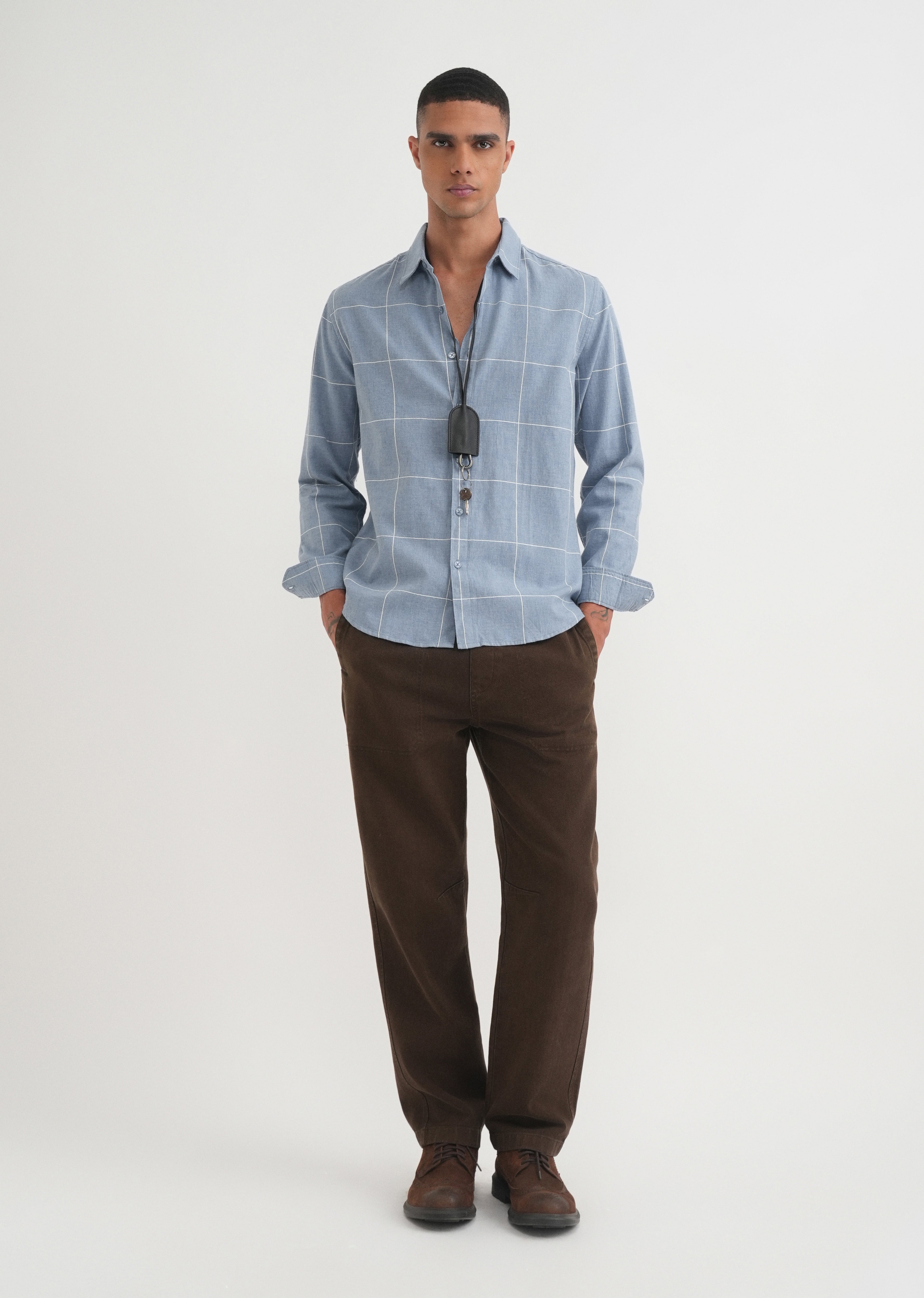 Blue Cotton Windowpane Check Shirt