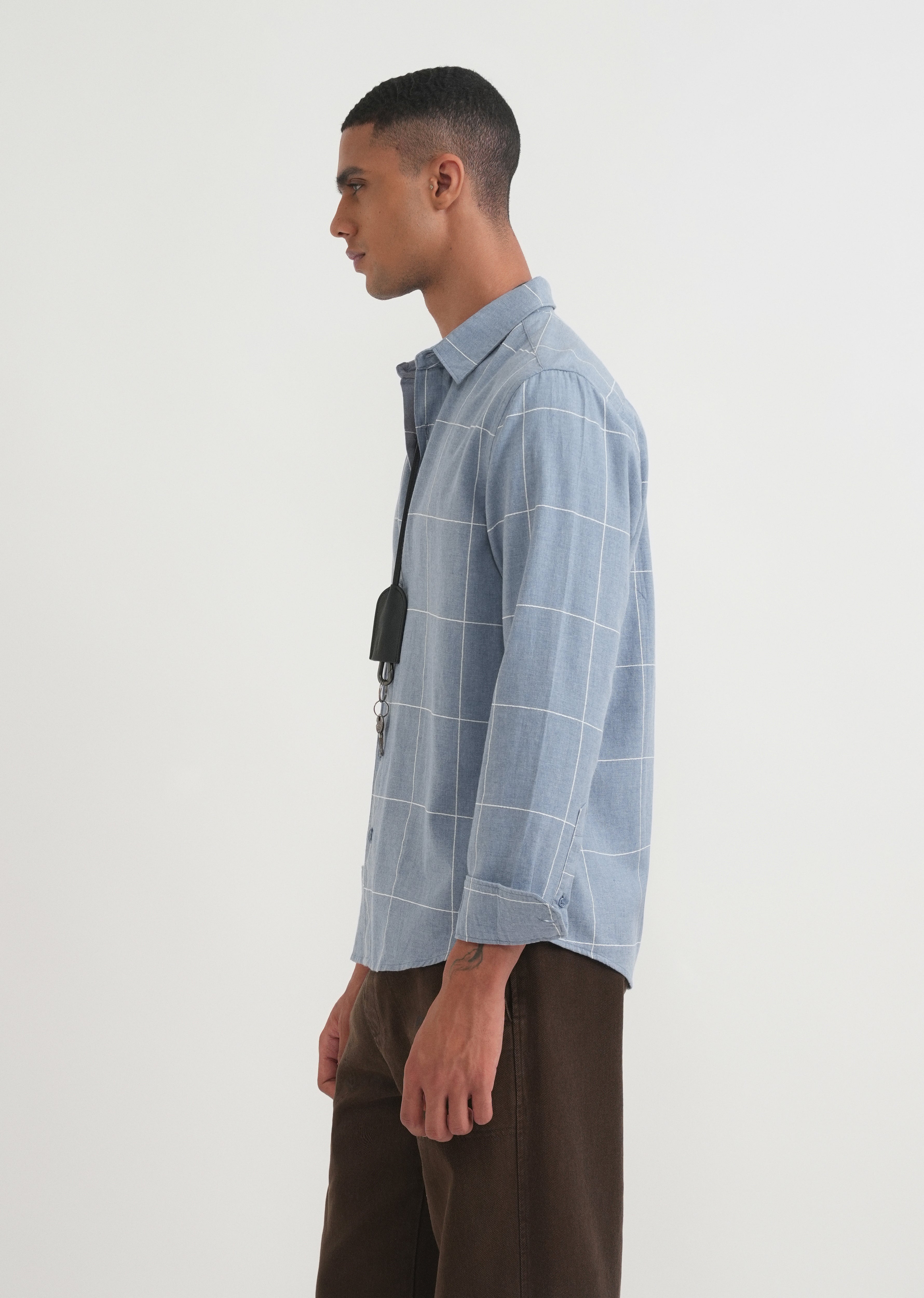 Blue Cotton Windowpane Check Shirt