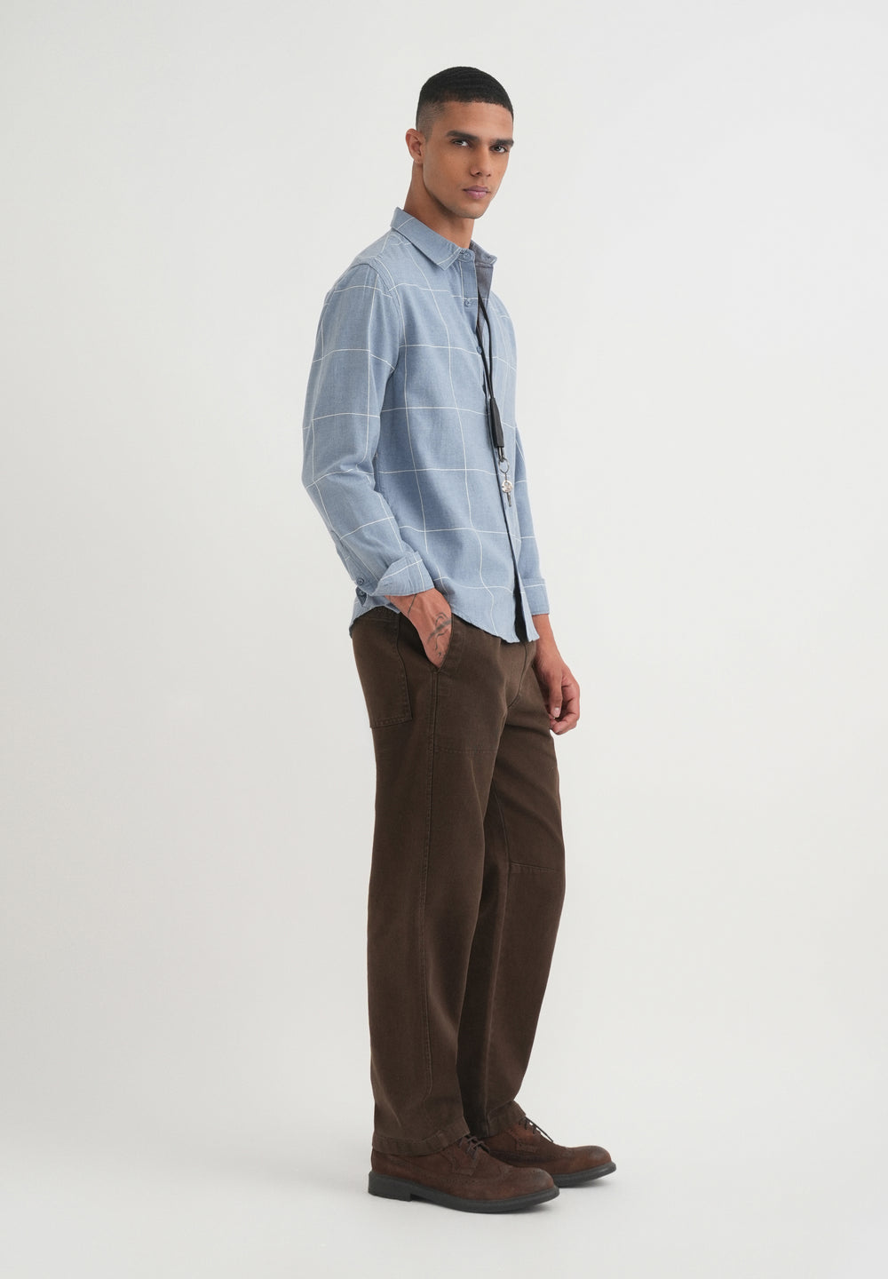 Blue Cotton Windowpane Check Shirt