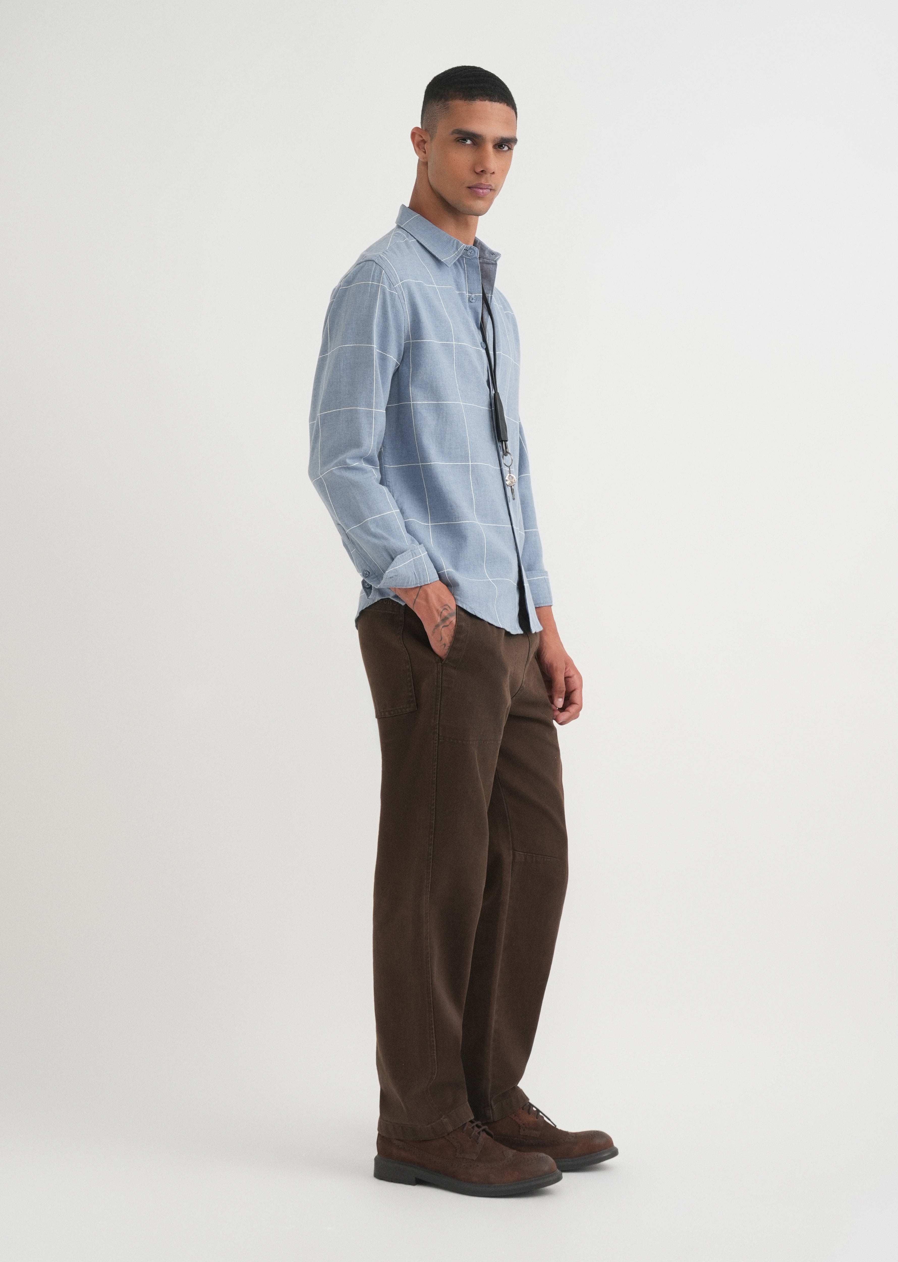 Blue Cotton Windowpane Check Shirt