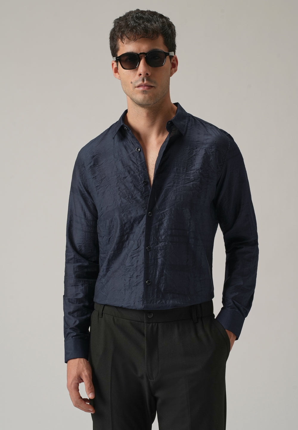 Blue Crinkled Self Stripe Shirt