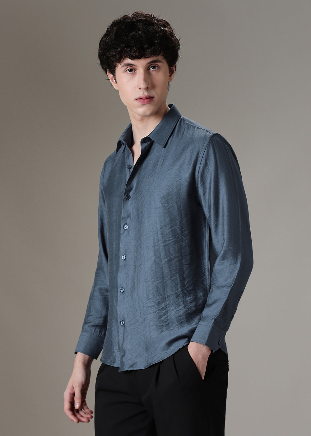 Blue Crushed Satin Shirt