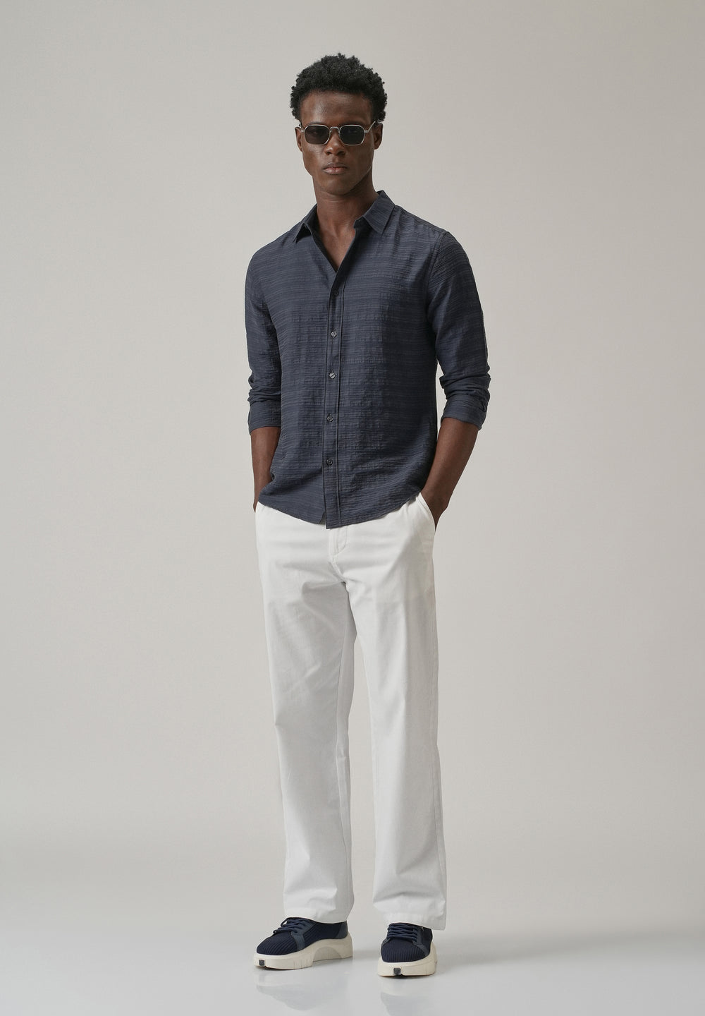 Blue Crushed Self Stripe Shirt