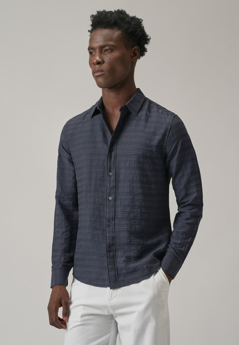 Blue Crushed Self Stripe Shirt