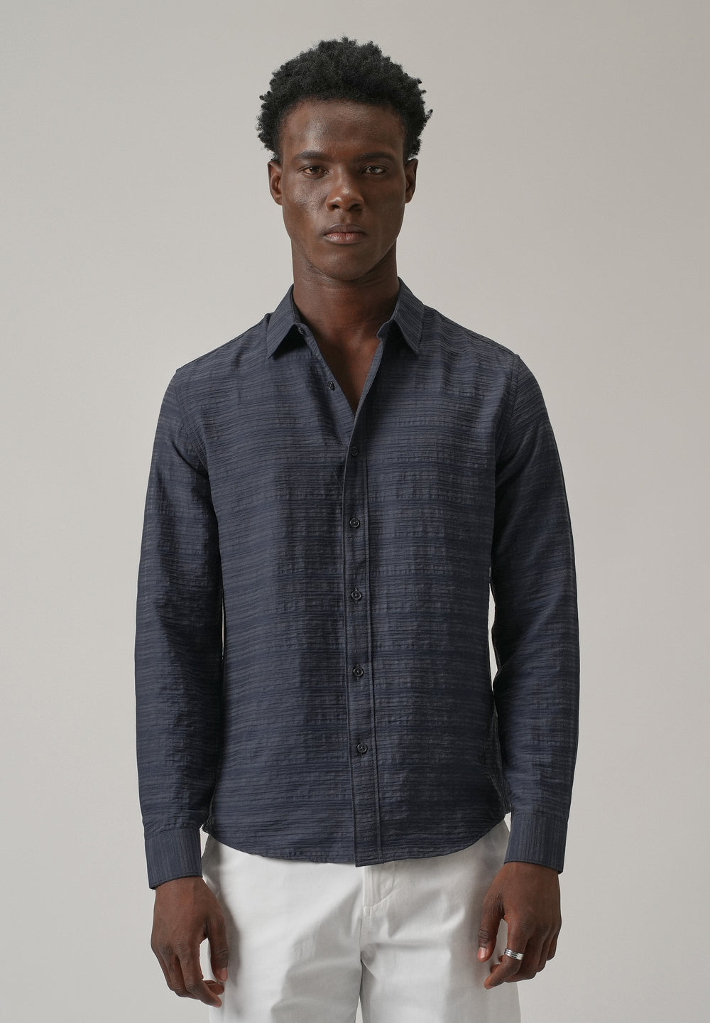 Blue Crushed Self Stripe Shirt