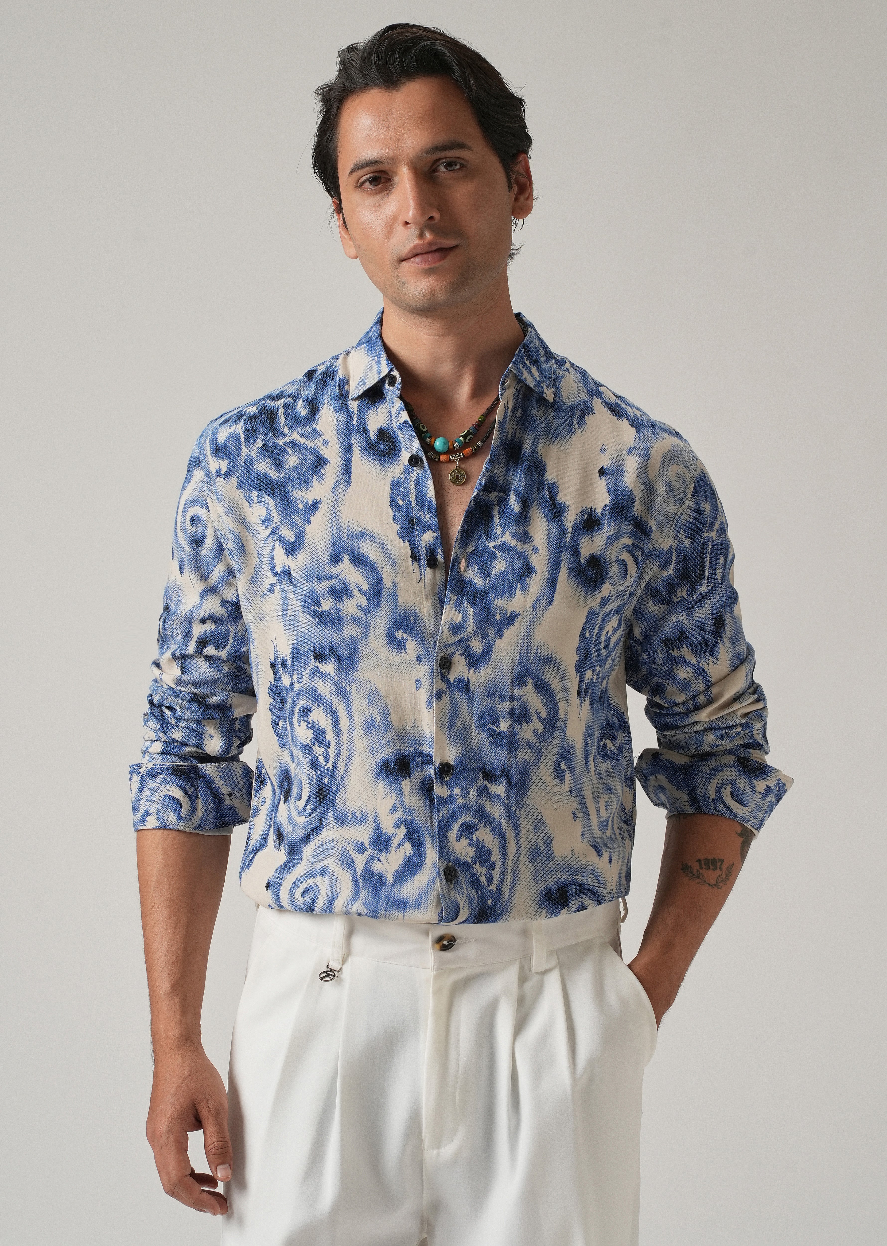 Blue Distort Paisley Print Feather Shirt