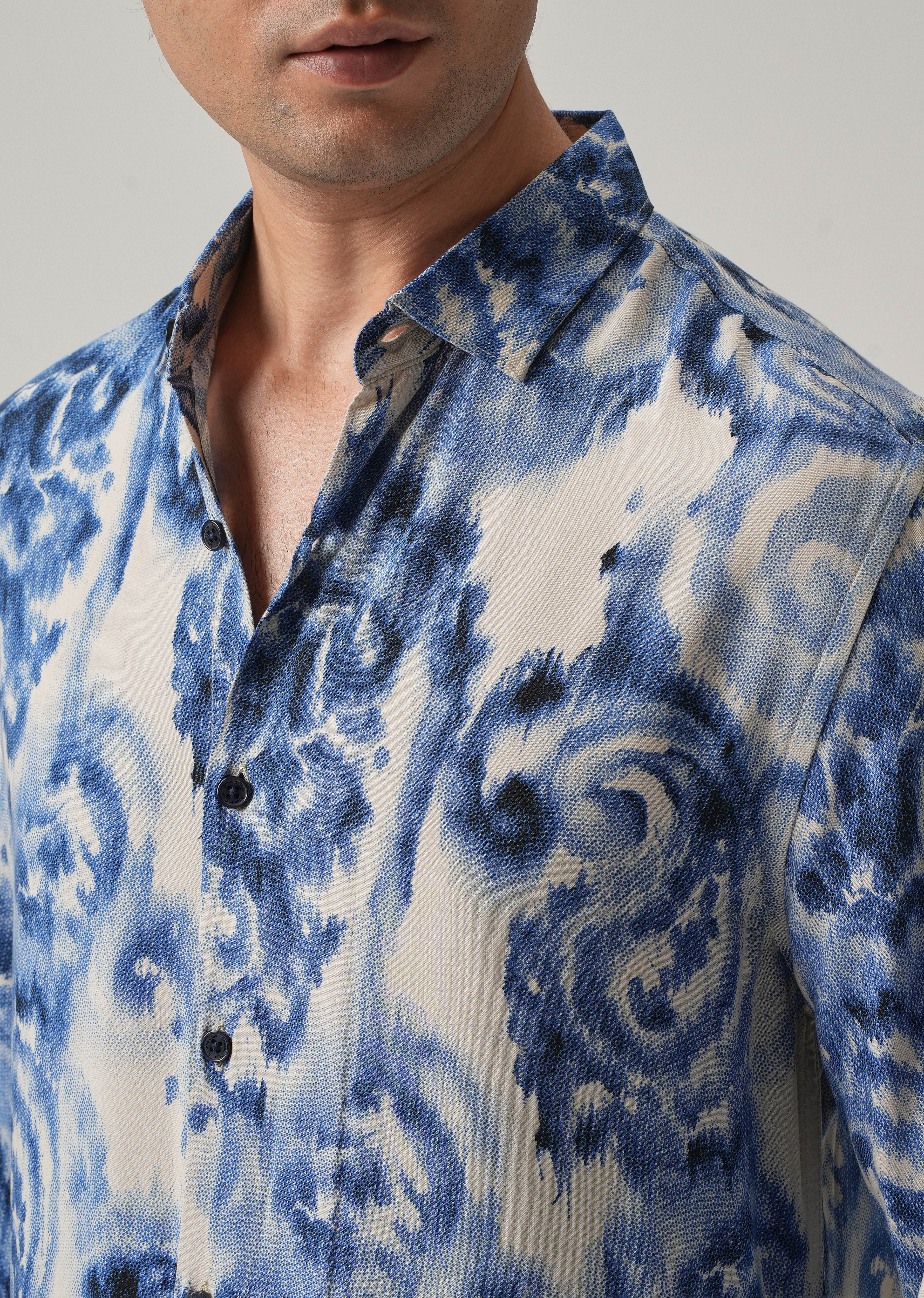 Blue Distort Paisley Print Feather Shirt