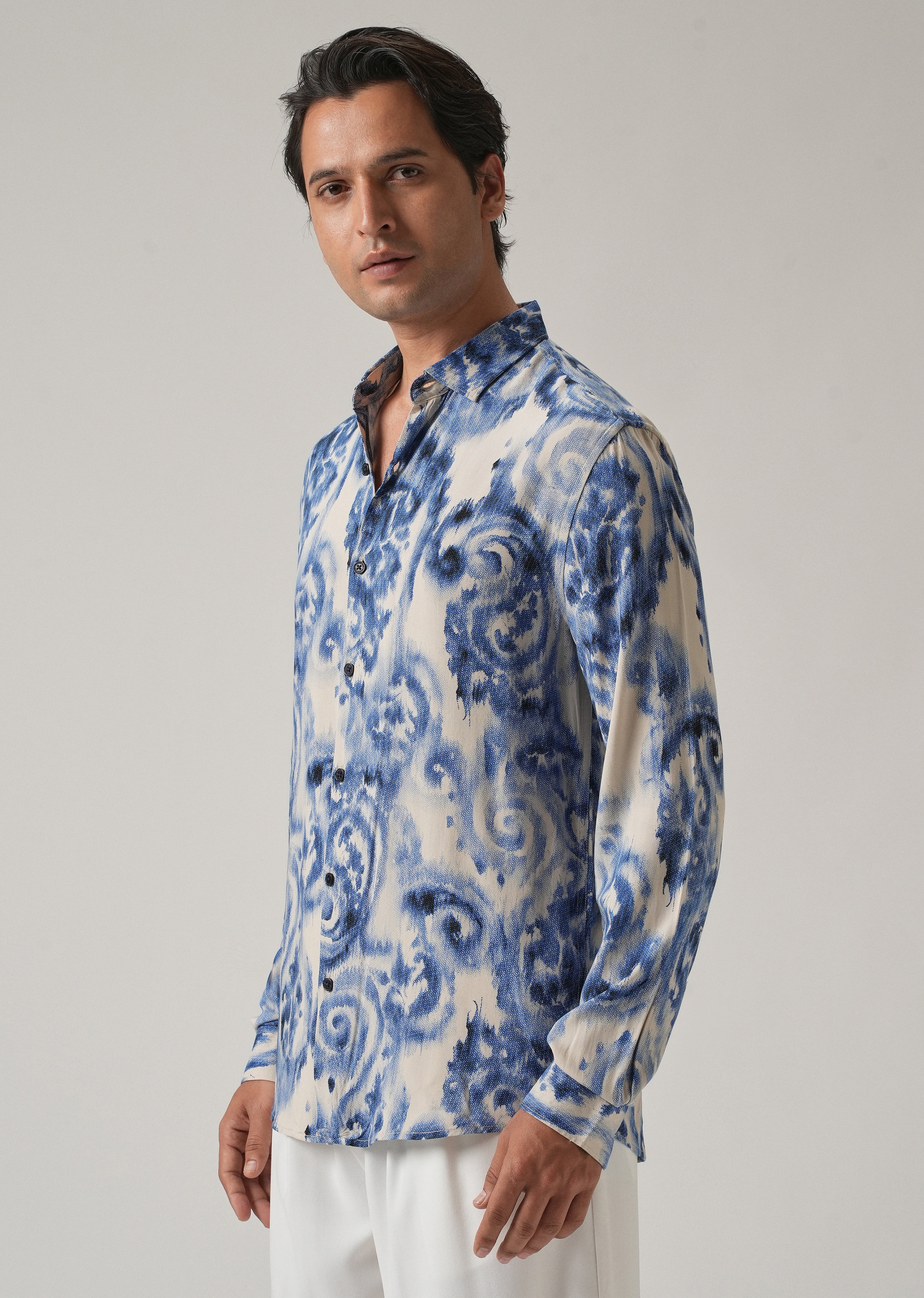 Blue Distort Paisley Print Feather Shirt