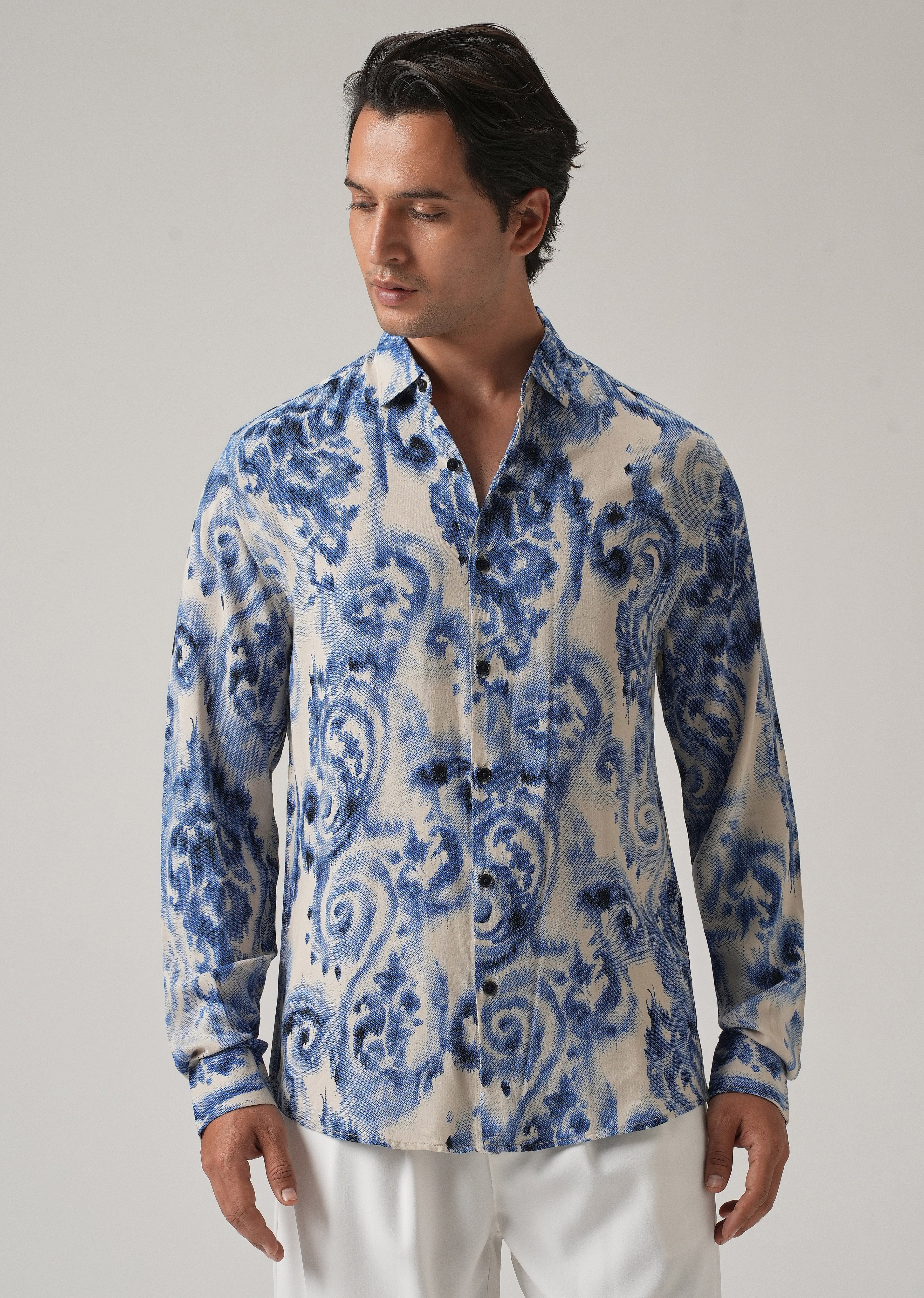 Blue Distort Paisley Print Feather Shirt