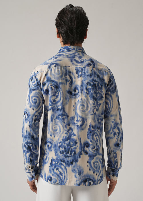 Blue Distort Paisley Print Feather Shirt