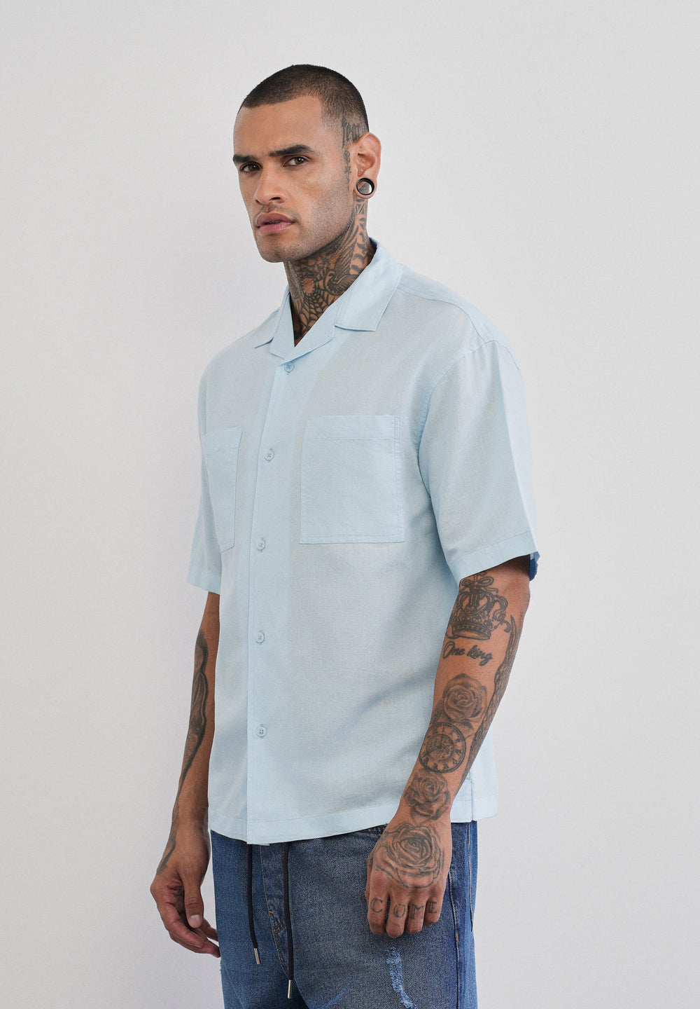 Blue Double Pocket Cotton Linen Shirt